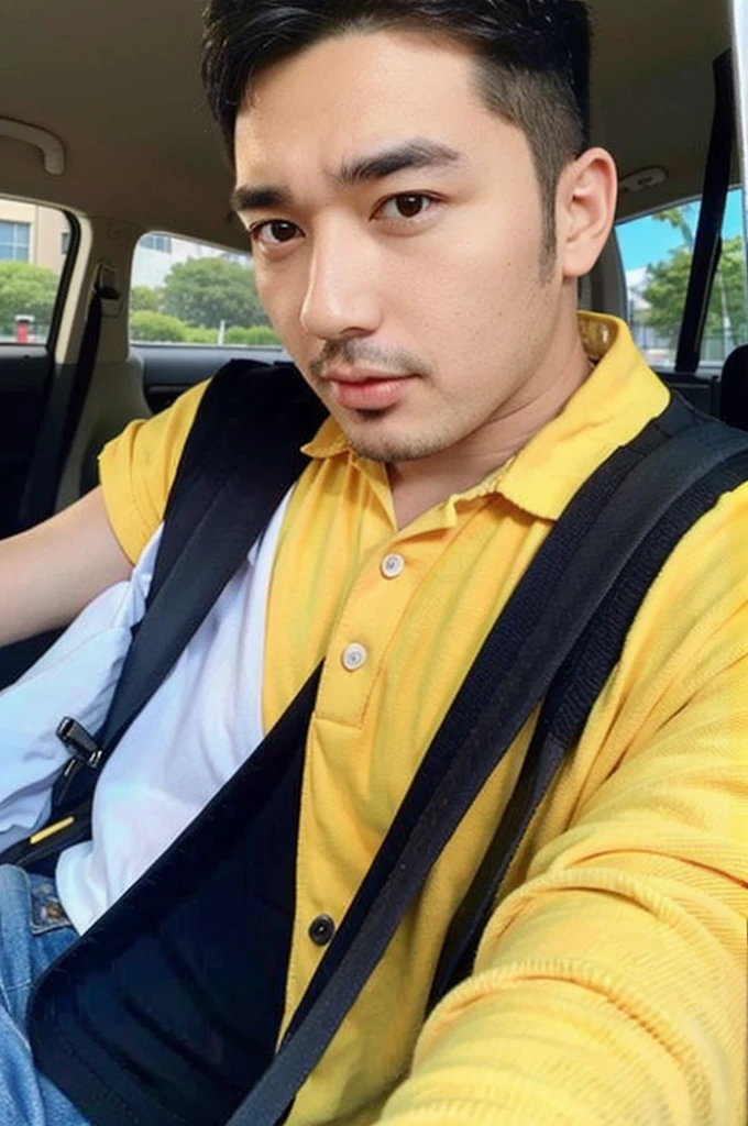 A handsome, muscular young Asian man looks at the camera. In a simple polo shirt black and yellow , car sunlight, 