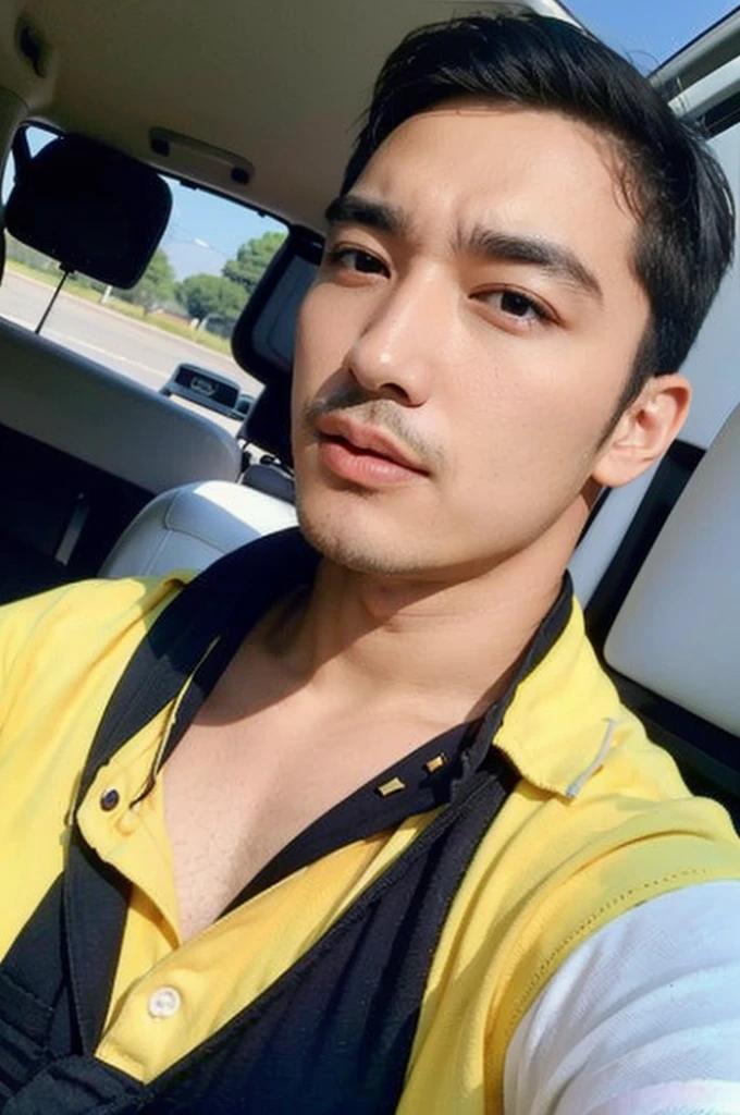 A handsome, muscular young Asian man looks at the camera. In a simple polo shirt black and yellow , car sunlight, 