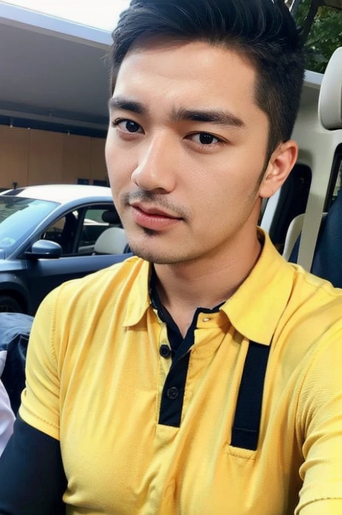 A handsome, muscular young Asian man looks at the camera. In a simple polo shirt black and yellow , car sunlight,