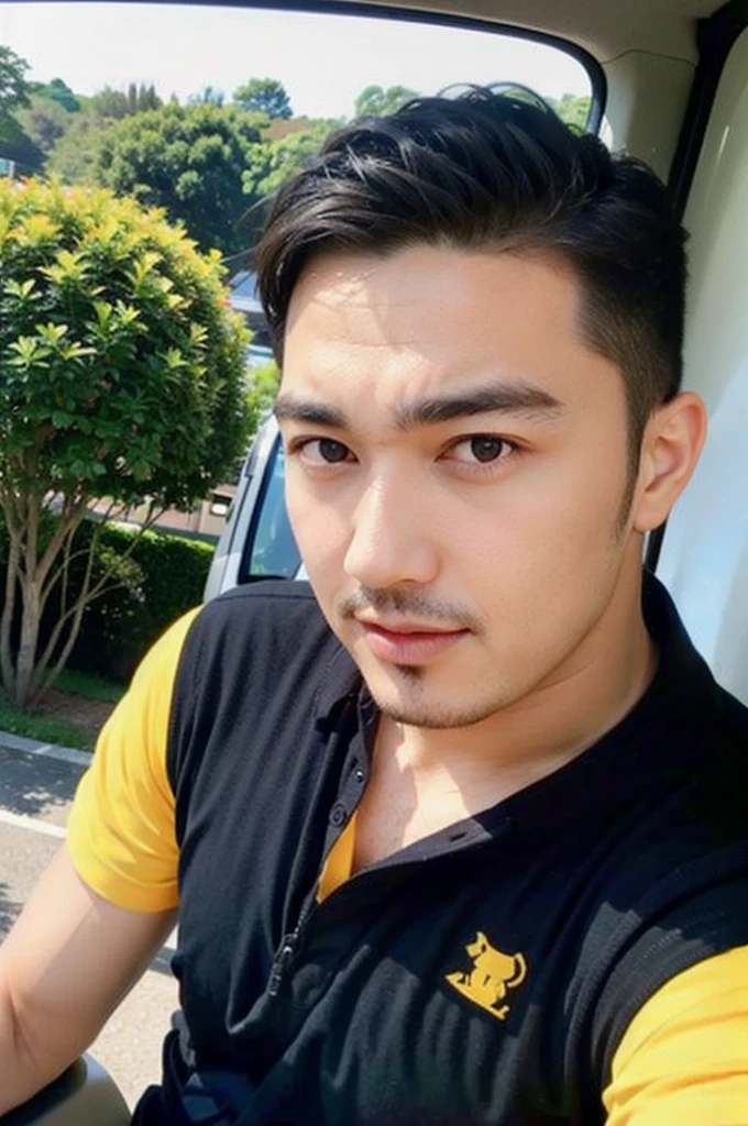 A handsome, muscular young Asian man looks at the camera. In a simple polo shirt black and yellow , car sunlight,