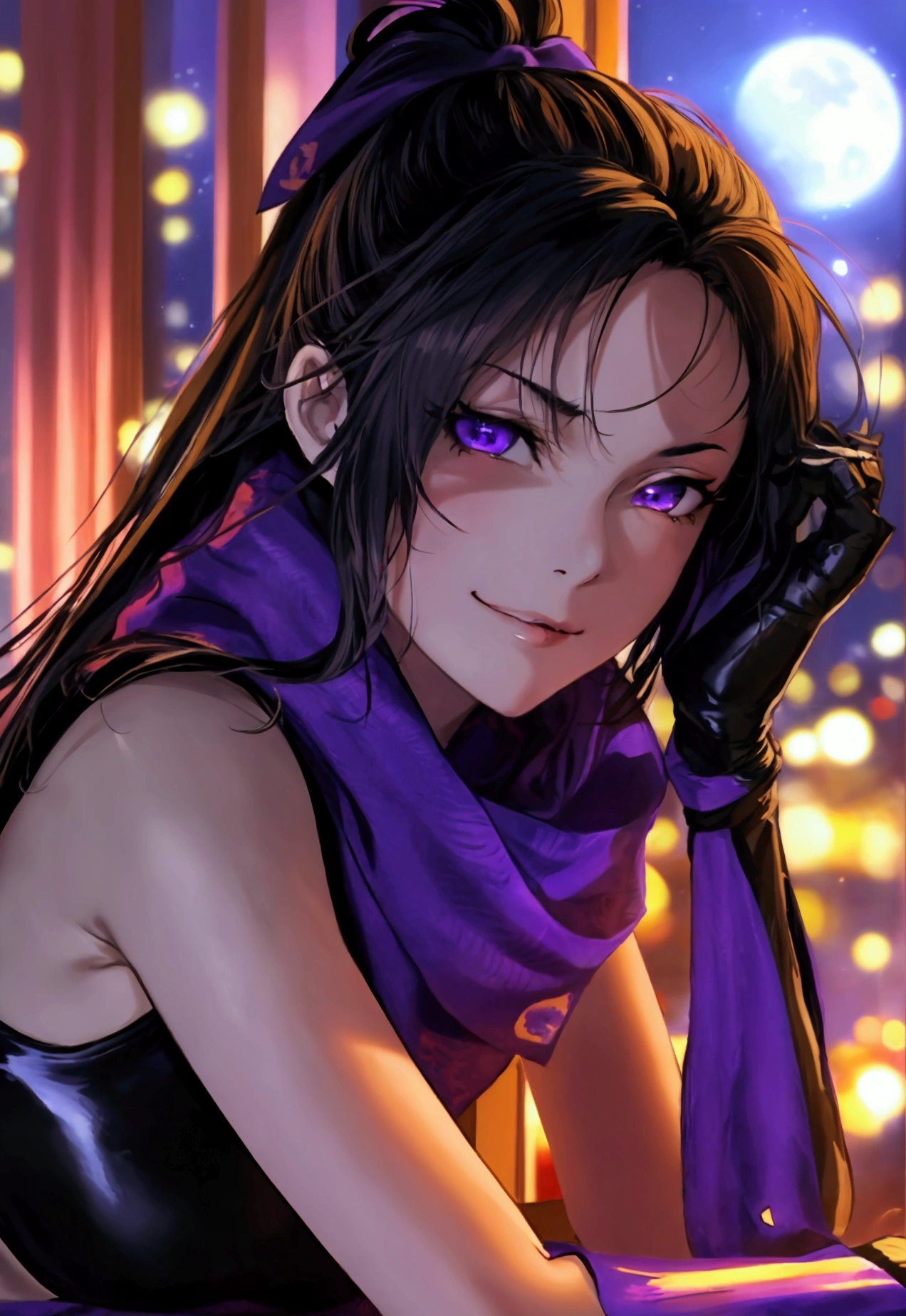 (masterpiece), best quality, (expressive eyes), perfect adult face, a woman on ninja clothes, resting her head on a hand, dynamic black long hair, (hair over one eye), bangs, pony tail, wide open eyes, purple eyes, witde smug smile, teeth, purple scarf, dark purple sleeveless suit, black tight sleeves, ((shot from below)), ((looking down at viewer)), ((close up shot)), carmin red bedroom, night sky moon, shushing