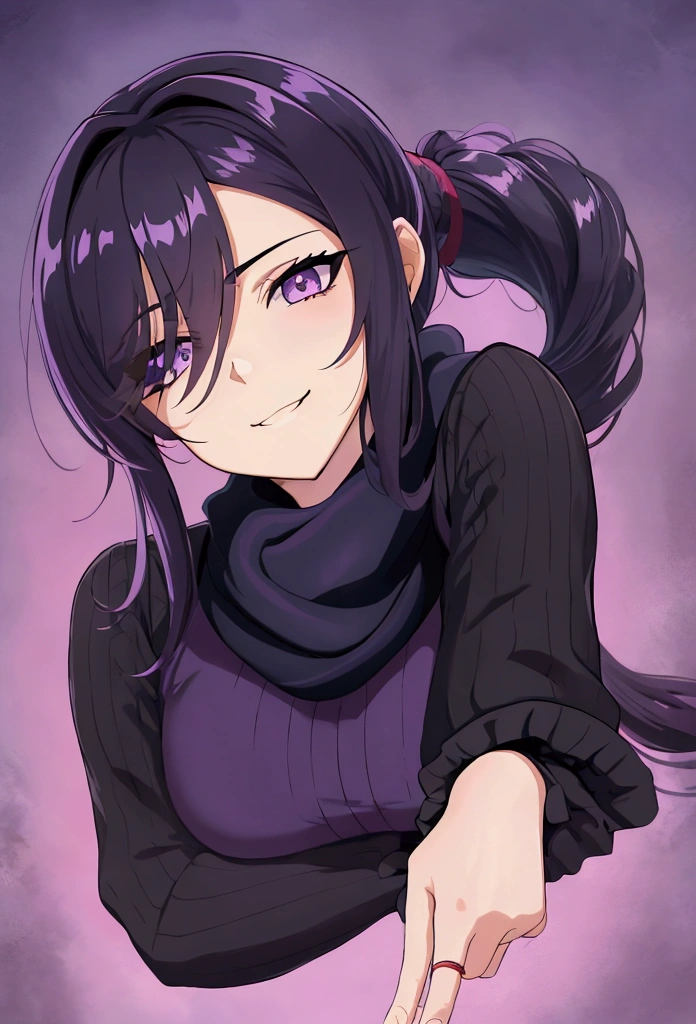 (masterpiece), best quality, (expressive eyes), perfect adult face, a woman on ninja clothes, resting her head on a hand, dynamic black long hair, (hair over one eye), bangs, pony tail, wide open eyes, purple eyes, witde smug smile, teeth, purple scarf, dark purple sleeveless suit, black tight sleeves, ((shot from below)), ((looking down at viewer)), ((close up shot)), carmin red bedroom, night sky moon, shushing