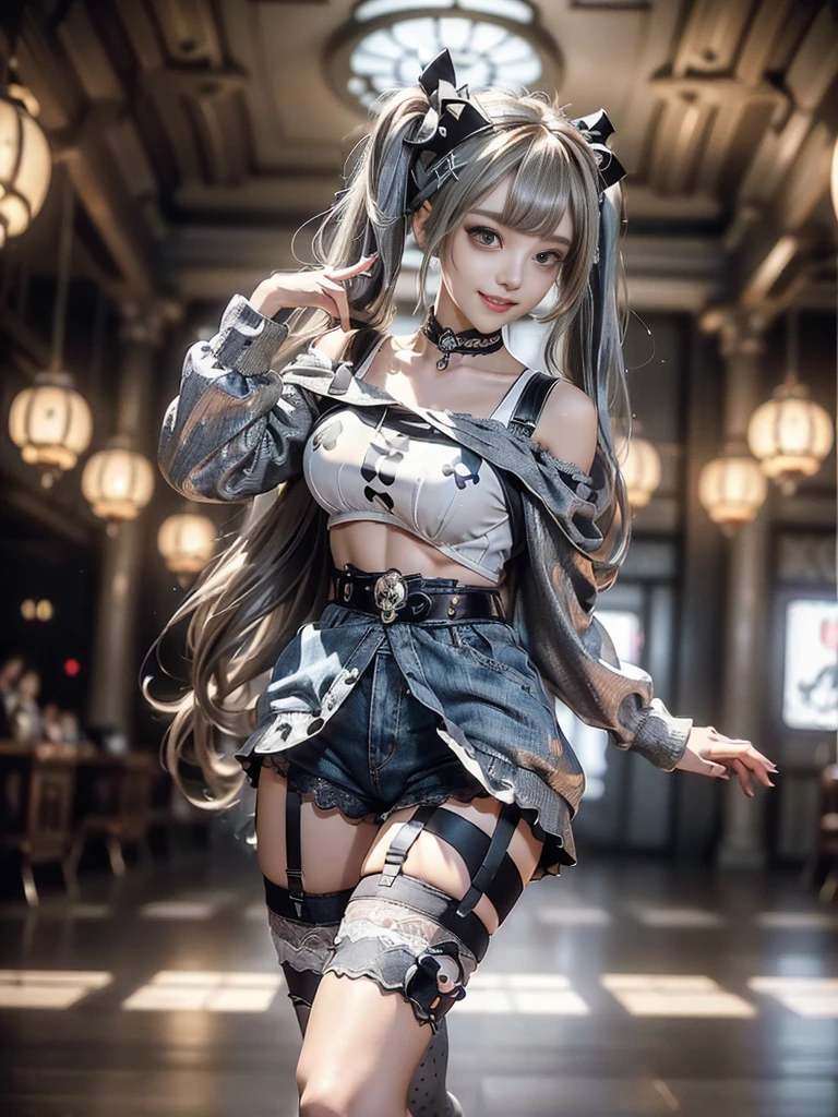 (Full body image:1.2)、(Beautiful lips and nose:1.4)、(Side view:1.1)、(Smiling with teeth showing:1.3),(Fashion Model:1.5)、(Gothic Lolita battle uniform with delicate decoration:1.5)、(White off-shoulder hoodie:1.5)、(black, Silver and white shorts:1.4)、(denim garter belt:1.5)、(black and denim knee socks:1.3)、(Skull Silver Accessories:1.5)、(Lace Color:1.3)、(Brown Skin Belt:1.4)、(Brown boots:1.2)、(Polka dots on underwear:1.4)、23 years old、((Highest quality、In 8K、masterpiece:1.3))、Sharp focus:1.2、(Layered Cut、Huge boobs:1.1),Beautiful woman with perfect figure:1.4、(Dance vigorously:1.3)、Slim Abs:1.2、Highly detailed face and skin texture、Fine grain、double eyelid,(Twin tails:1.3)、(Brownish golden hair:1.3)、Idol Sculpture、(The background is a gorgeous dance hall.:1.3)、(The body is slim:1.2),(Slimming your legs:1.4),(clavicle:1.1)