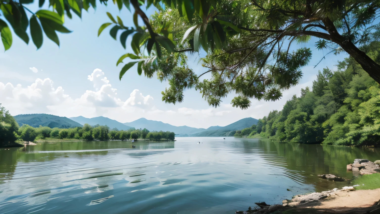 ((best quality)), ((masterpiece)), (detailed), A beautiful lake located in the forest,Taken on a sunny summer day。Surrounded by green trees,The lake is crystal clear,Reflecting the beautiful scenery of blue sky and white clouds。Svetlin Velinov’s photography style is extremely artistic,Focus on minimalism,Capturing the purity and harmony of nature。A coniferous forest landscape can be seen in the background,This view of the Siberian taiga adds a sense of depth to the image。Green trees around the lake reflect the water,Make the overall picture more vivid and harmonious。The lake in the foreground acts like a mirror,Quietly showing the beauty of nature,Gives people a sense of peace and tranquility。