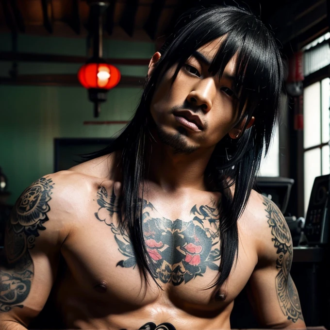 1 man, Japanese man, male, Asian eyes, muscular, broad shoulders, yakuza tattoos, hairstyle Visual Kei style, hair Visual Kei, black men's shirt and black pants, ultra detailed face, hyperrealistic, realistic representation, long hair, long hair, 30 years old, age 30 years, blond, blonde hair