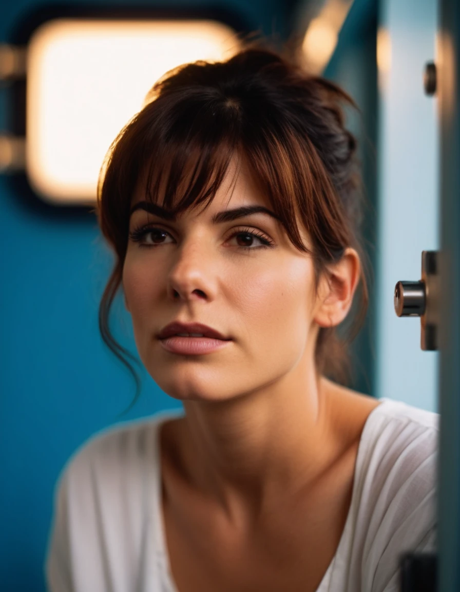 cinematic photo professional close-up portrait photography of the face of a beautiful (((ohwx woman))) at indoor toilet during Golden Hour, Nikon Z9    . 35mm photograph, film, bokeh, professional, 4k, highly detailed