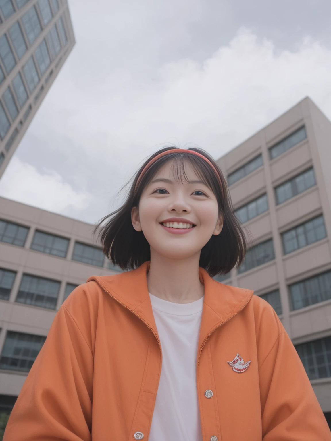 score_9, score_8_up, score_7_up, solo Asian girl, outdoors, smiling, black hair, red headband, orange jacket, shoes, white socks, looking up at sky and clouds, birds flying, surrounded by leaves and buildings, wide shot from below, daytime