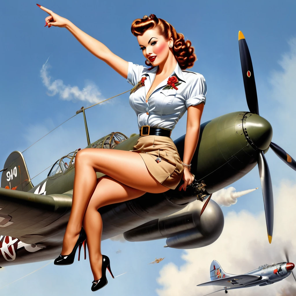 AIRPLANE NOSE ART, A BEAUTIFUL ((40'S PIN UP RIDING A BOMB)), INTRICATE DETAILS, HYPER-REALISTIC, VARGAS, white BACKGROUND, SHIRT DESIGN,