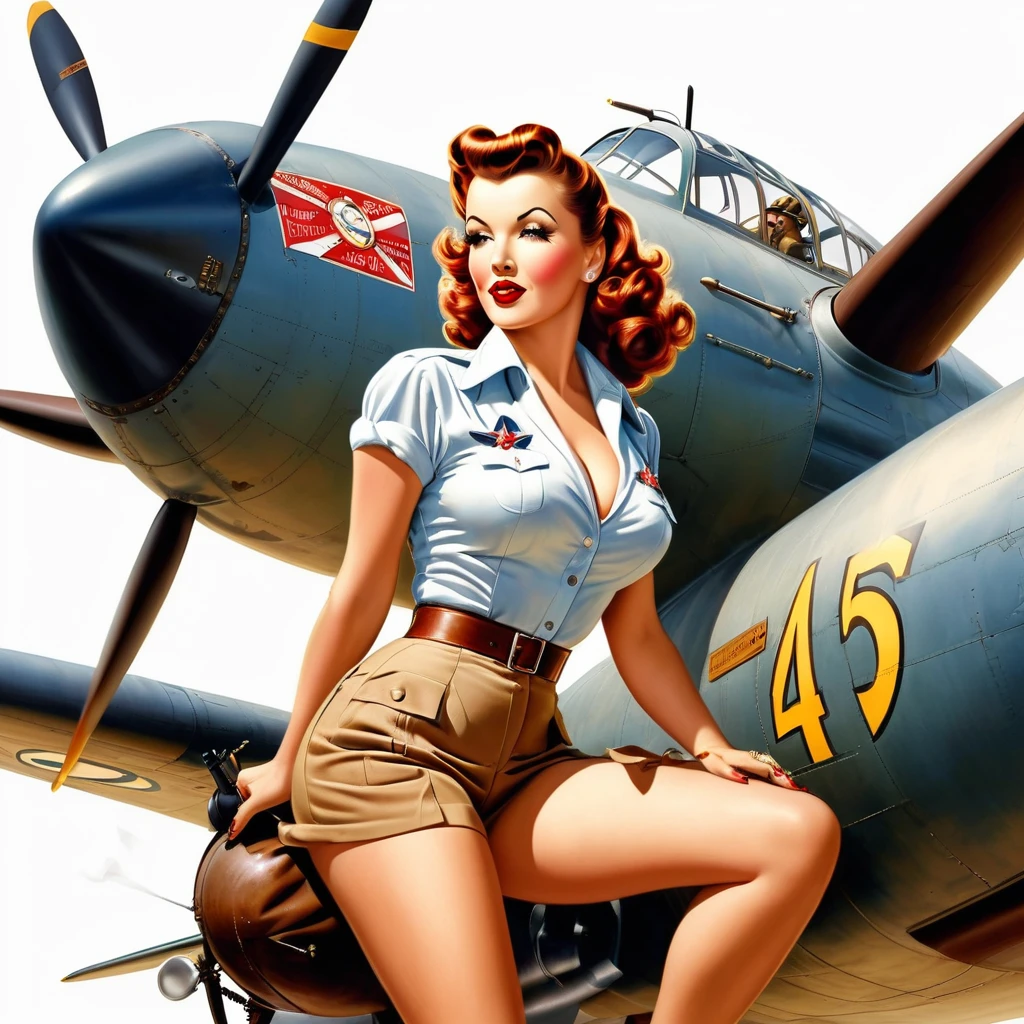 AIRPLANE NOSE ART, A BEAUTIFUL ((40'S PIN UP RIDING A BOMB)), INTRICATE DETAILS, HYPER-REALISTIC, VARGAS, white BACKGROUND, SHIRT DESIGN,