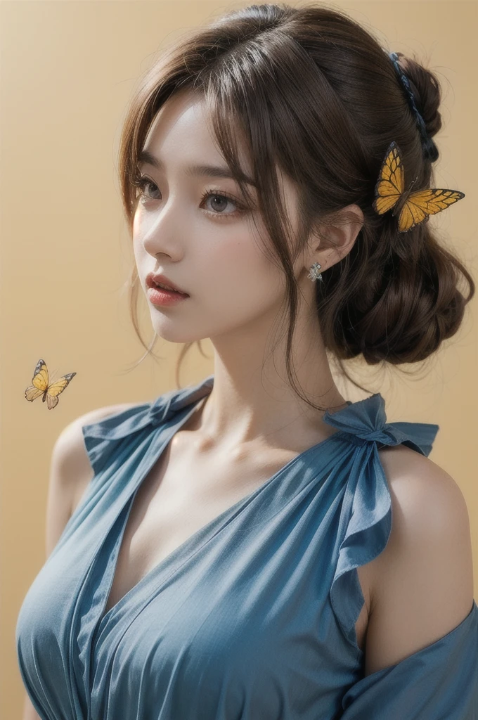 1 girl,brown hair,Slate blue dress,brown eyes,butterfly earrings,light yellow background,(blue glowing butterfly:1)