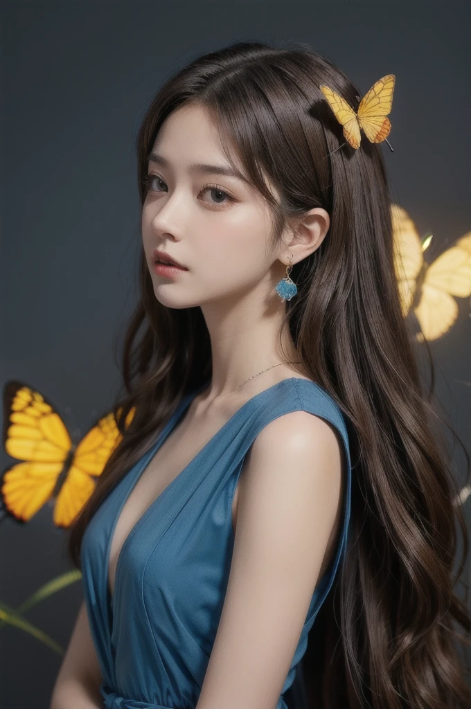 1 girl,brown hair,Slate blue dress,brown eyes,butterfly earrings,light yellow background,(blue glowing butterfly:1)
