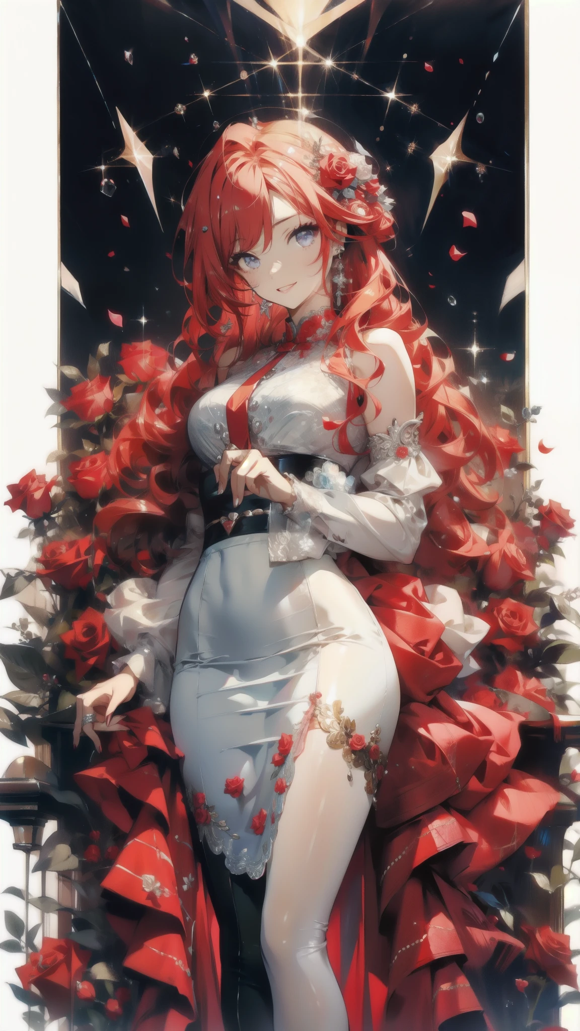 ((masterpiece, best quality)),singer,Note,Rose,earphone,Detailed face,Smile,Gradient long wavy hairstyle,whole body,Perfect body proportions,modern,Plush,Fun,sexly,extremely beautiful,Note装饰,transparent,