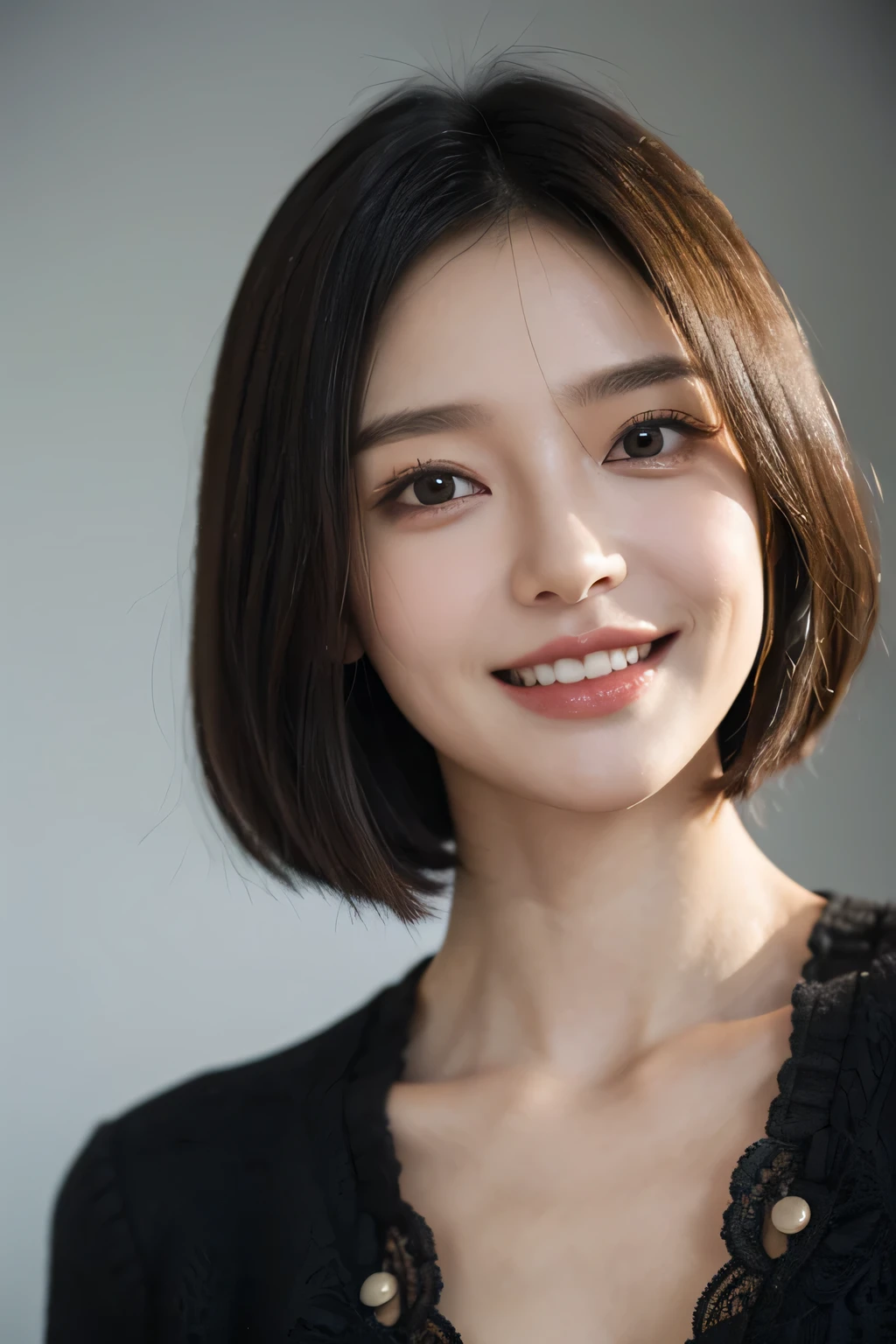 ((masterpiece)), ((Highest quality)), ((Complex)), ((Surreal)), (Realistic), (Mature Woman), ((There are no classes)), Very detailed, (1 female), Beautiful and exquisite, (Beautiful Teeth), Grin, Brunette Bob Hair, Brown eyes, ((blouse)), (Upper Body), (background:none), Perfect Eyes, Captivating eyes, Looking at the audience