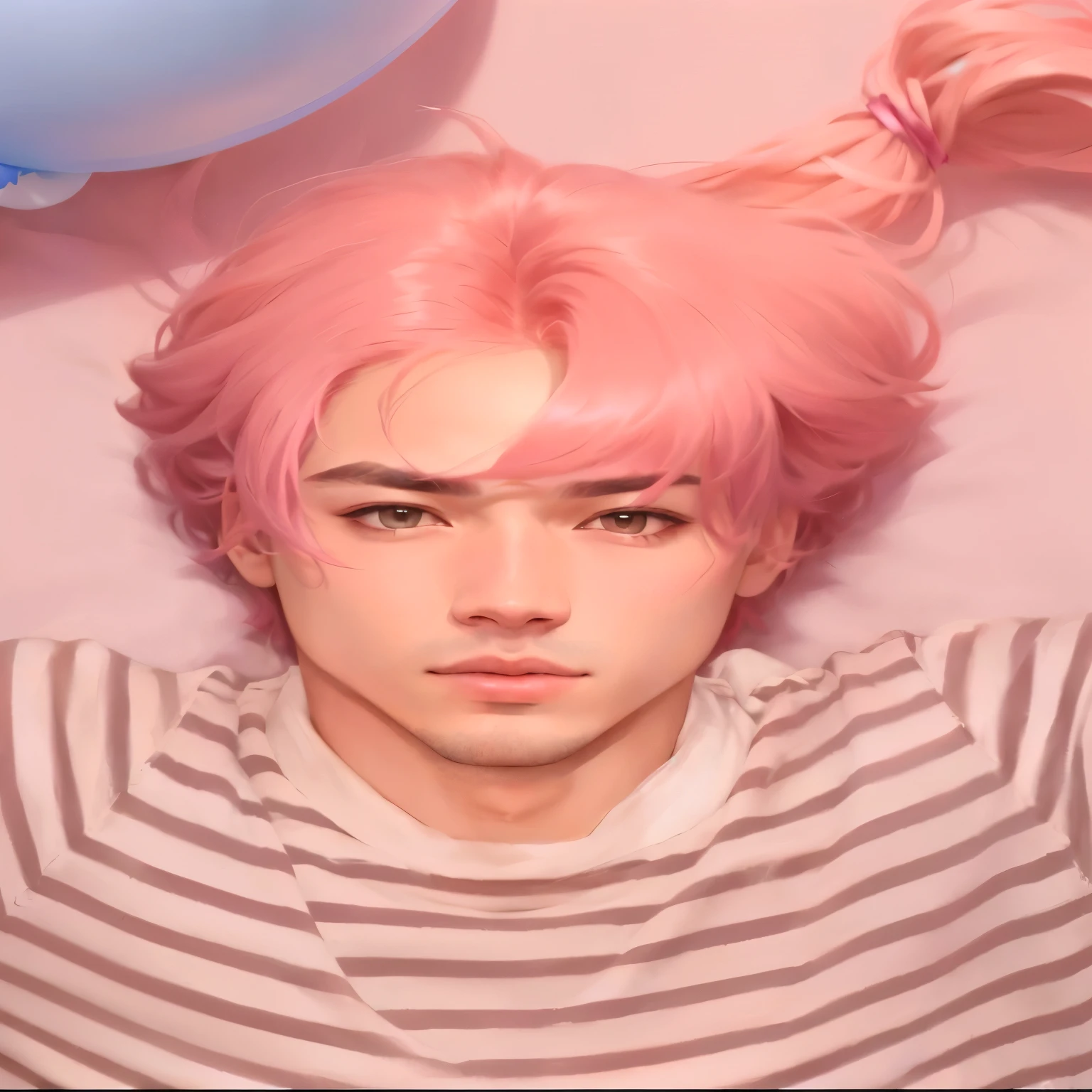 arafed man com cabelo rosa and a striped shirt holding a blue balloon, park Jimin, portrait of jossi do blackpink, Jimin, Jimin\os lábios carnudos, com cabelo rosa, accurate Jimin face, Kim Doyoung, Jimin\a pálpebra direita está inchada, jossi do blackpink, hyung tae, Jimin\o nariz grego, cara rosa