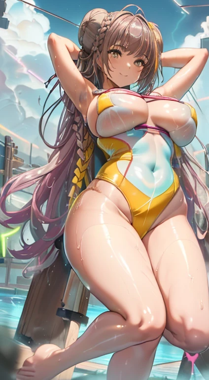 (cyan＆Light black curly hair:1.6)(Drooling:1.3).(Large, delicate eyes:1.6).(Glossy skin feel:1.8).(A shy smile:1.5).(Ahegao:1.3).(Leg spread:1.8).(Wet Skin:1.8).(Huge breasts:1.8)/(Show off your breasts:1.8).(Browsing Caution:1.8)、最high quality、Best image quality、masterpiece、With a girl((28 years old、Best Bust、Large bast、Bust 88,beautiful grey eyes、Spread your chest wide,Purple long hair、thin、Big Valley、(Very detailed super shiny fluorescent yellow high leg swimsuit:1.8).Show your whole body、Open your arms、Gold ring on wrist、手からlightningを放つ、Backward view、turn around、Accentuate your butt)）high quality、Beautiful art、background((Night Sky、Black Cloud、lightning、Intense thunder、Lightning strikes、Red thunder、青いlightning、Gold Thunder)))Tabletop、Visual Arts、Written boundary depth、Night Sky