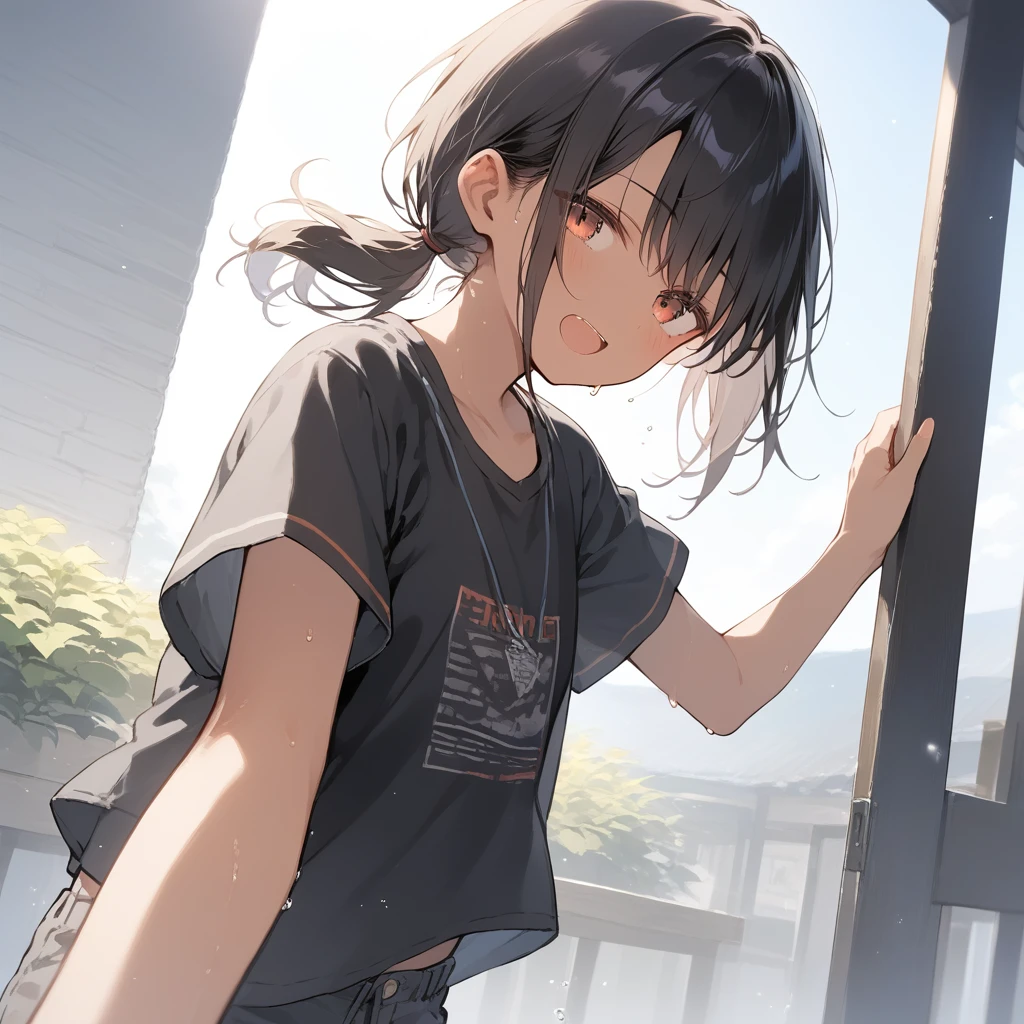 score_9, score_8_up, score_7_up, source_anime, best quality, masterpiece, official art, absurdres, highres, ultra-detailed,waifu2x,Collection: Slice of Life,break,1girl, tomboy, dark-skinned female, short hair, low ponytail, flat chest, beautiful detailed eyes, short shorts, sweat, open mouth, (yawn:0.3), sleepily, outdoors, wind,break,(clear line illustration:1.2), super detailed skin,very high resolution, very aesthetic, Best sexual lighting powered by famous artist, 8k,cute picture,beauty illustration,photoshop_(medium),,(Detailed Lighting),best anime 8k konachan wallpaper, pixiv contest winner,