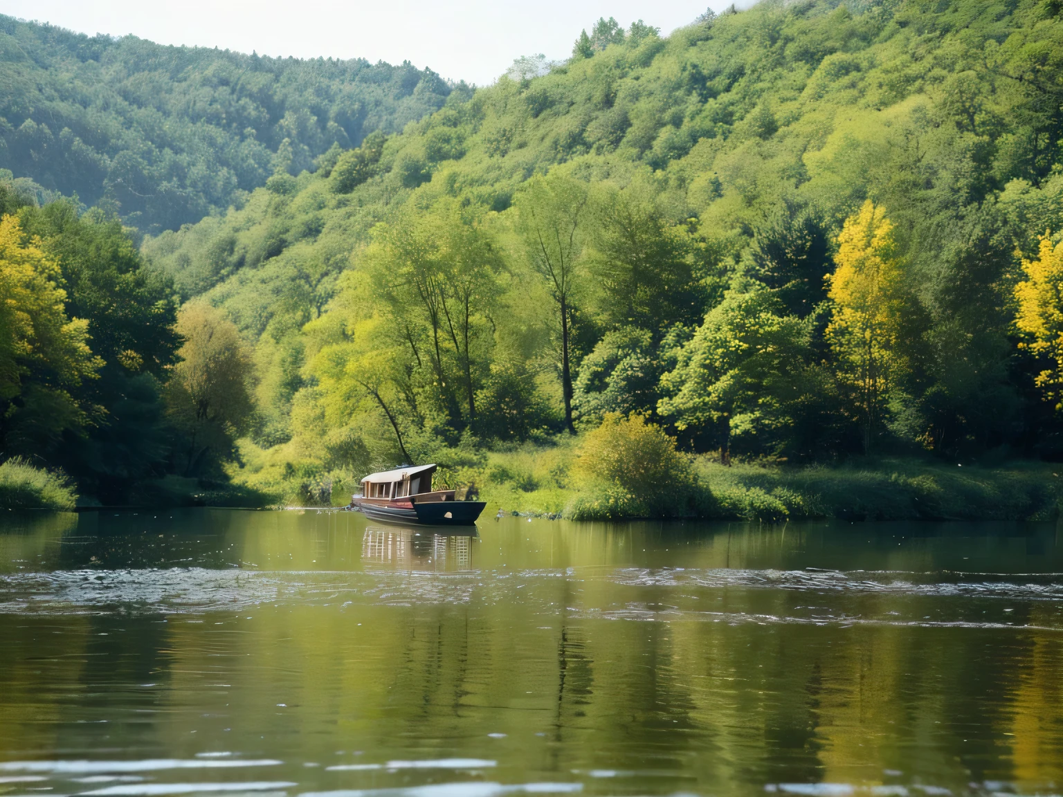 ((best quality)), ((masterpiece)), (detailed), there is a lake,There is a boat in the lake,Surrounded by green trees, Photos of Svetlin Vilinov, shutter, Minimalism, lake in forest, Photo of the lake on a sunny day, Forest with lake, Siberian forest coniferous forest in summer, taiga landscape, near a small lake, beautiful lake in foreground, Beautiful lake background, Photo scale 4:3,pure nature