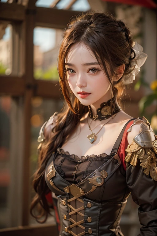 (masterpiece:1.3), (8k, Realistic, RAW Photos, Best image quality: 1.4), Japanese 、18-year-old,(Random Hairstyles:1.2)、Cleavage:1.2、Highly detailed face、Attention to detail、double eyelid、Chest to chest、Sharp focus:1.2、Beautiful woman:1.4、Light brown hair、highest quality、masterpiece、超A high resolution、(Realistic:1.4)、Highly detailed and professionally lit smiles、Loose fitting steampunk outfit、Shoulders out、thin、Serious expression、Holding a gorgeous necklace in her right hand, In the city、Eat dinner