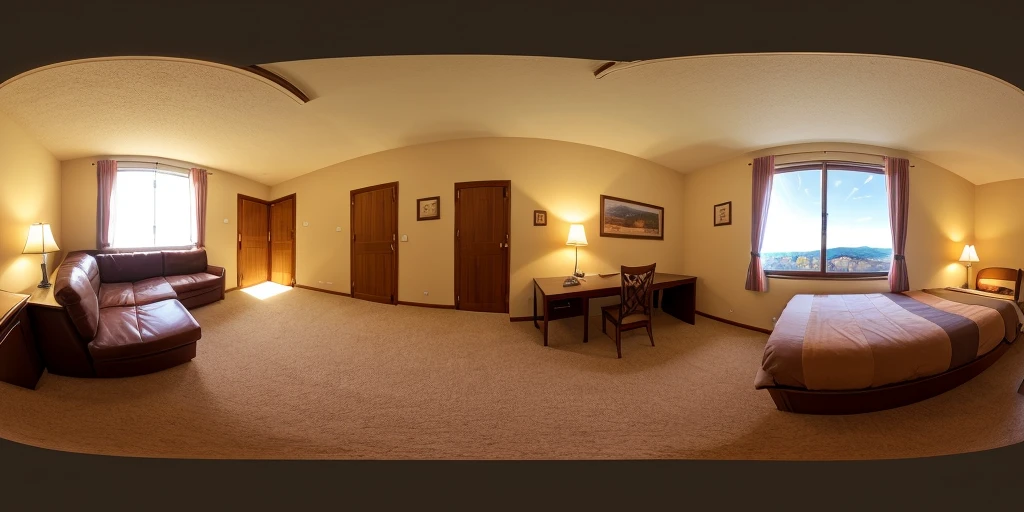 Equirectangular 360-degree panorama view photo with left and right ends seamlessly connected. Underexpose Lighting, room