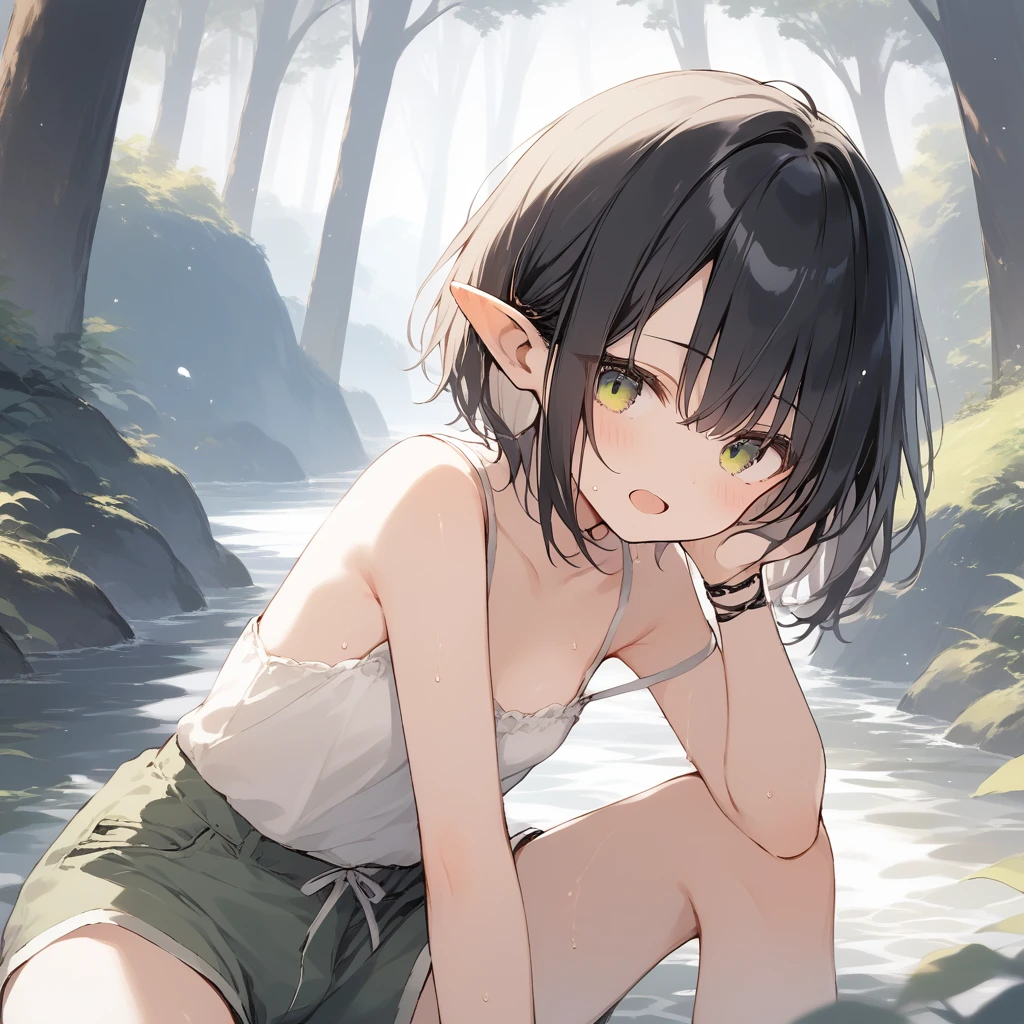 score_9, score_8_up, score_7_up, source_anime, best quality, masterpiece, official art, absurdres, highres, ultra-detailed,waifu2x,Collection: Slice of Life,break,1girl, elf, short hair, slender, androgynous, small breasts, beautiful detailed eyes, green shorts, sweat, open mouth, sleepily, outdoors, forest,break,(clear line illustration:1.2), super detailed skin,very high resolution, very aesthetic, Best sexual lighting powered by famous artist, 8k,cute picture,beauty illustration,photoshop_(medium),,(Detailed Lighting),best anime 8k konachan wallpaper, pixiv contest winner,
