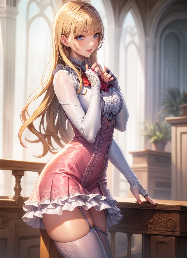 perfect eyes:1.2, detailed eyes:1.4, Emilie T8, blunt bangs, blue eyes, long hair, blonde hair, thighhighs, lace-up boots, pink frilled dress, frilled ascot, fingerless gloves, smile, red eyeshadow:1.2, makeup:1.2, cowboy shot, 1girl, solo, (masterpiece:1.6, best quality), 8k, insane details, intricate details, hyperdetailed, hyper quality, high detail, ultra detailed, professional, HDR, ray tracing reflection, cinematic lighting,
