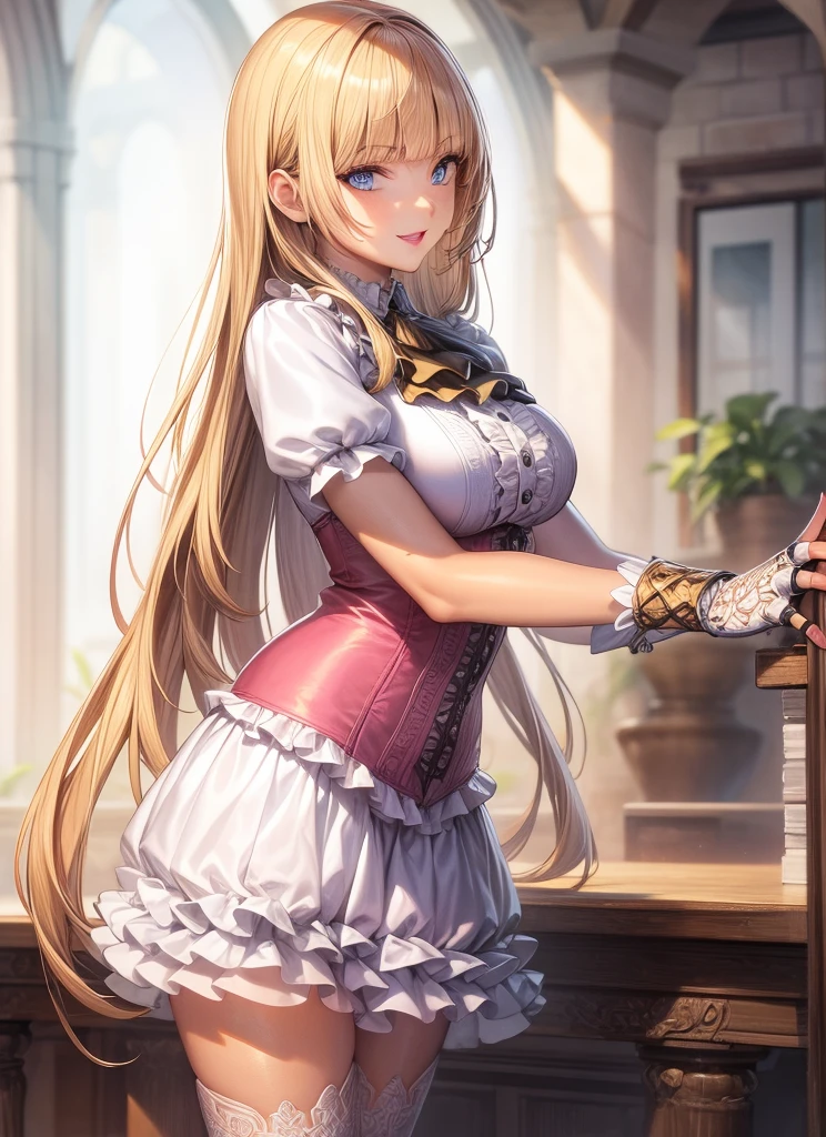 perfect eyes:1.2, detailed eyes:1.4, Emilie T8, blunt bangs, blue eyes, long hair, blonde hair, thighhighs, lace-up boots, pink frilled dress, frilled ascot, fingerless gloves, smile, red eyeshadow:1.2, makeup:1.2, cowboy shot, 1girl, solo, (masterpiece:1.6, best quality), 8k, insane details, intricate details, hyperdetailed, hyper quality, high detail, ultra detailed, professional, HDR, ray tracing reflection, cinematic lighting,
