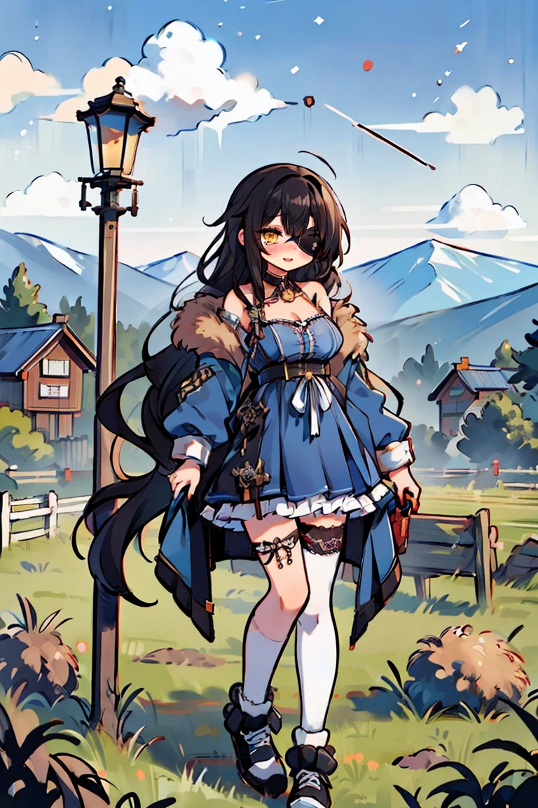 (masterpiece:1.2), (high quality:1.2), hui xiyi, rekkyo sensen, rekkyou sensen, (full body:1.45), solo focus, girls with(((eyepatch, medical eyepatch, bangs,medium breasts, breasts, choker, cleavage, collar, collarbone, blue clothes, frills shirt, cowboy shot, dress, lace dress, frills, fur, fur collar, fur trim, hooded jacket, hoodie, jacket, large breasts, long sleeves, belt, suspenders, open clothes, open hoodie, sleeveless, solo, winter clothes, zipper, (strap shoes, black shoes, exposed legs, exposed foots, left legwear, white legwear:1.67), (long wavy hair, one side up:1.4))), background with ((architecture, blue sky, bush, castle, village, no humans, cloud, cloudy sky, day, fence, field, garden, grass, hill, house, lamppost, landscape, mountain, mountainous horizon, nature, no humans, outdoors, scenery, shrine, sky, tower))
