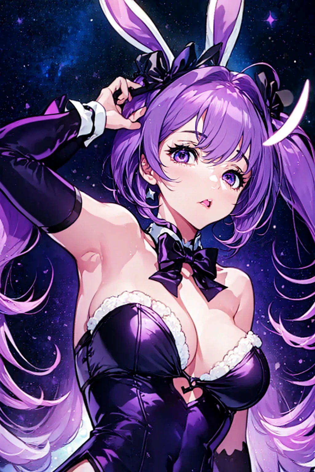 1girl,solo,cute,twintail and light purple hair,rabbit ears,purple eye,bigbreast,cleavage,starry night,full body,