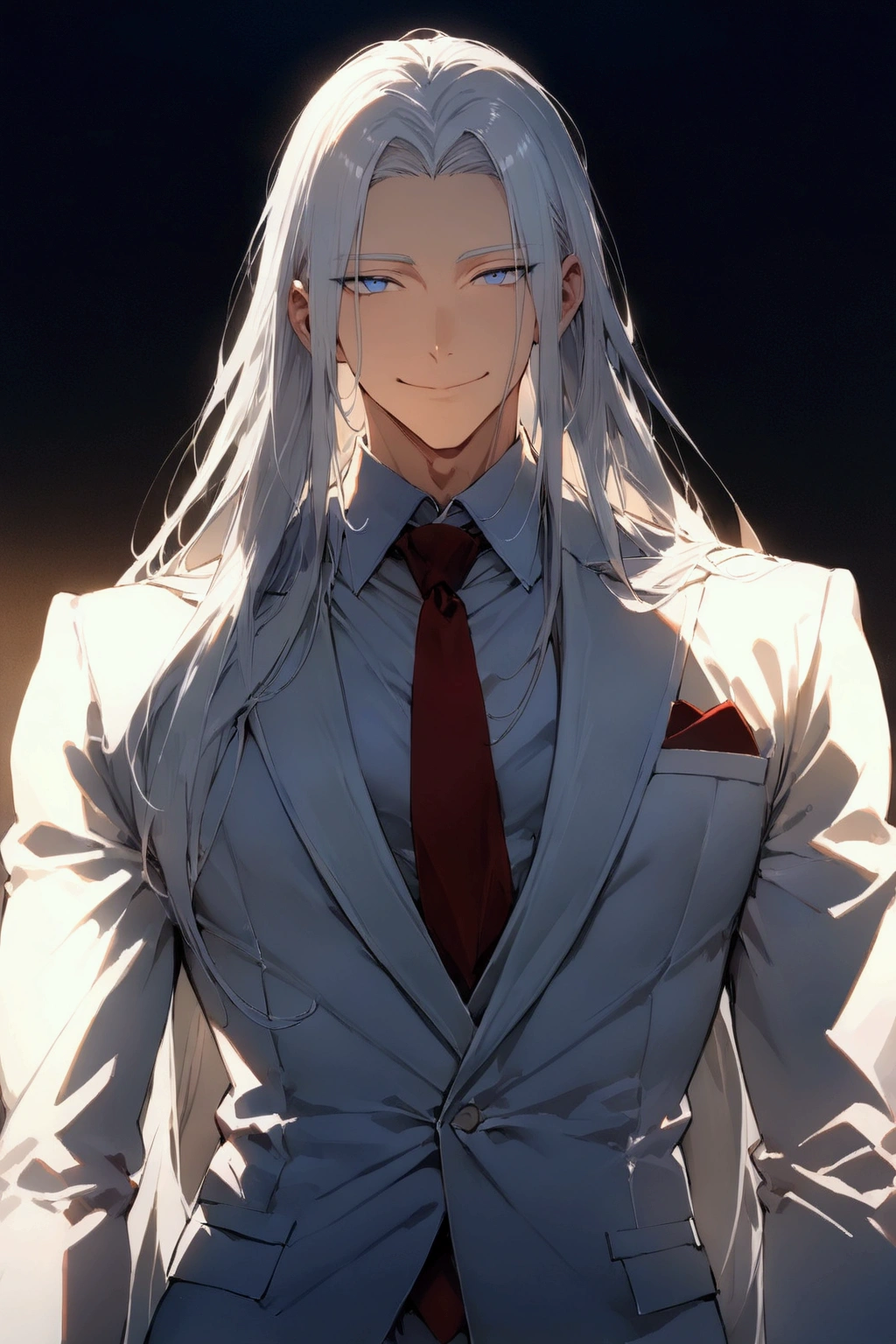 ((masterpiece)), ((best quality)), (from front, facing front:1.32), (close-up:1.36), (half-body shot:1.36), perfect anatomy, 1man solo, adult man, extremely long straight white hair, blue eyes, white suit, red tie, smiling