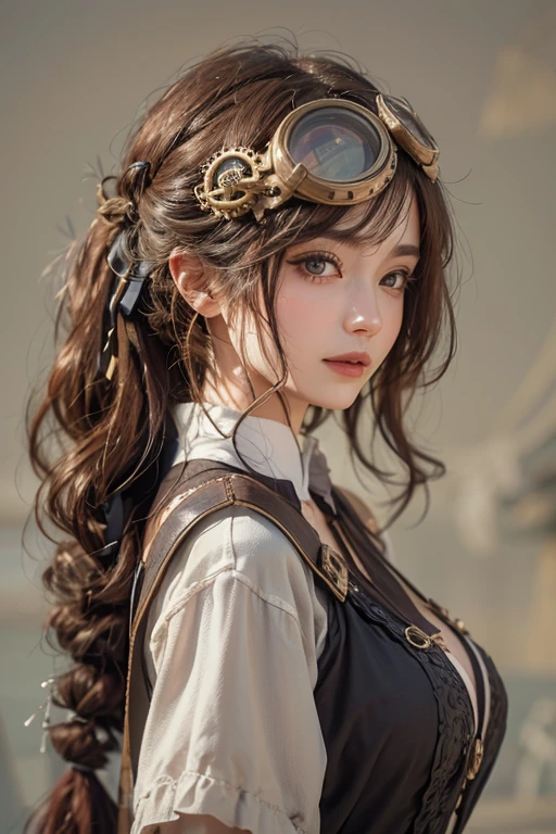 (masterpiece:1.3), (8K, Realistic, RAW Photos, Best imYear quality: 1.4)、 Year,(Random Hairstyles:1.2)、CleavYear:1.2、Highly detailed face、Attention to detail、double eyelid、Chest to chest、Sharp focus:1.2、Beautiful woman:1.4、Redhead、Highest quality、masterpiece、Ultra-high resolution、(Realistic:1.4)、Highly detailed and professionally lit smiles、Loose fitting steampunk outfit、Shoulder out、thin、Serious expression、Quite a dark bar