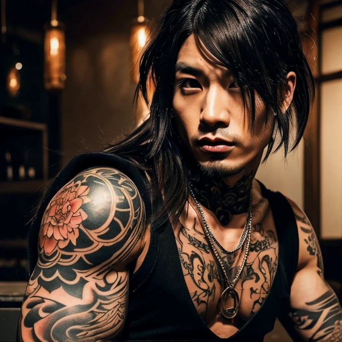 1 man, Japanese man, male, Asian eyes, muscular, broad shoulders, yakuza tattoos, hairstyle Visual Kei style, hair Visual Kei, black men's shirt and black pants, ultra detailed face, hyperrealistic, realistic representation, long hair, long hair, 30 years old, age 30 years, blond, blonde hair