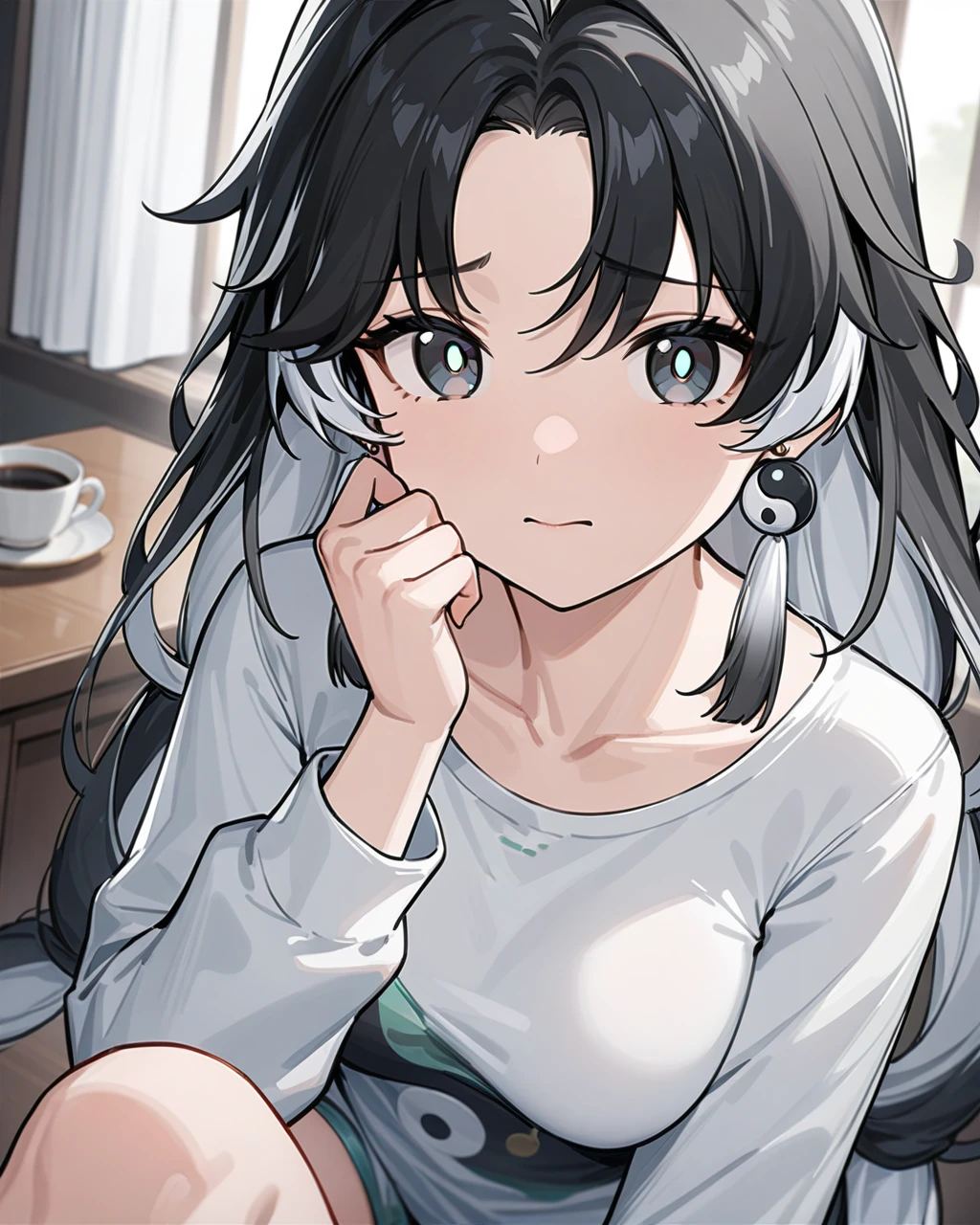 masterpiece,best quality,cute pajamas,indoors,looking at viewer,shy,
jianxin,1girl,solo,jewelry,earrings,black hair,multicolored hair,long hair,ahoge,yin yang,