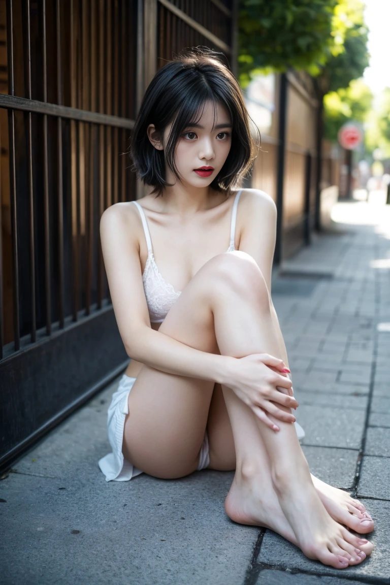 best quality, masterpiece, 16k, ultra detailed, beautiful skin, nsfw, High-resolution image quality, top-quality,​ extremely delicate and beautiful, extremely details CG, realistic, finely detail, full body shot, Beautiful feet, small buttocks, short hair, mini-skirt, visible underwear, peeping photo, outdoors, The subject is far away, long shot., looking away, Background is the latest Japanese urban streets., side view, Dark-colored lipstick, blue hair, thin eyebrows,  Eyes sideways, 
 