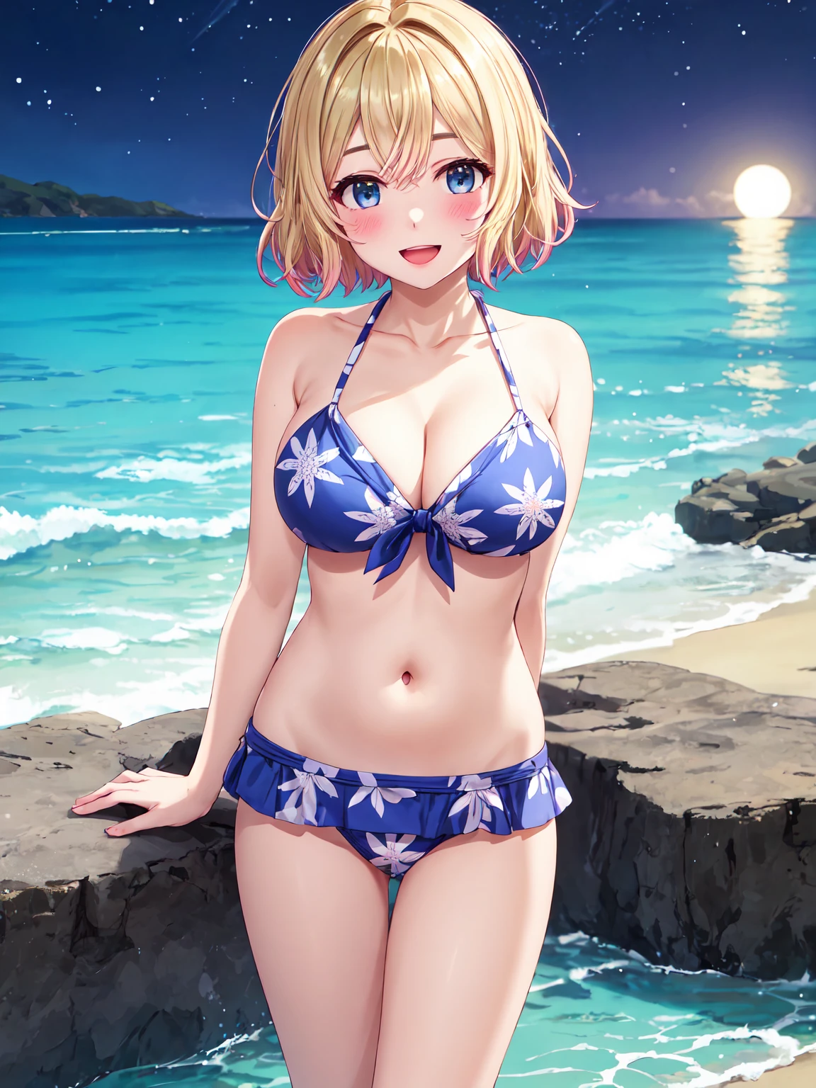 Masterpiece ,best quality , high resolution , ultra detail , colorful , (1 girl solo:1.3 ) , (mami , short hair , blonde hair , blue eyes , make up) , (big breast:1.06) , (cleavage:1.08) , (  wear yukata , bikini , navel , belly) , (standing , cowboy_shot) , (outdoor , ocean,  sea , beach , night , sky , moonlight ) , ( full face blush , shy , smile , open mouth  ) , (face viewer , look at the viewer )