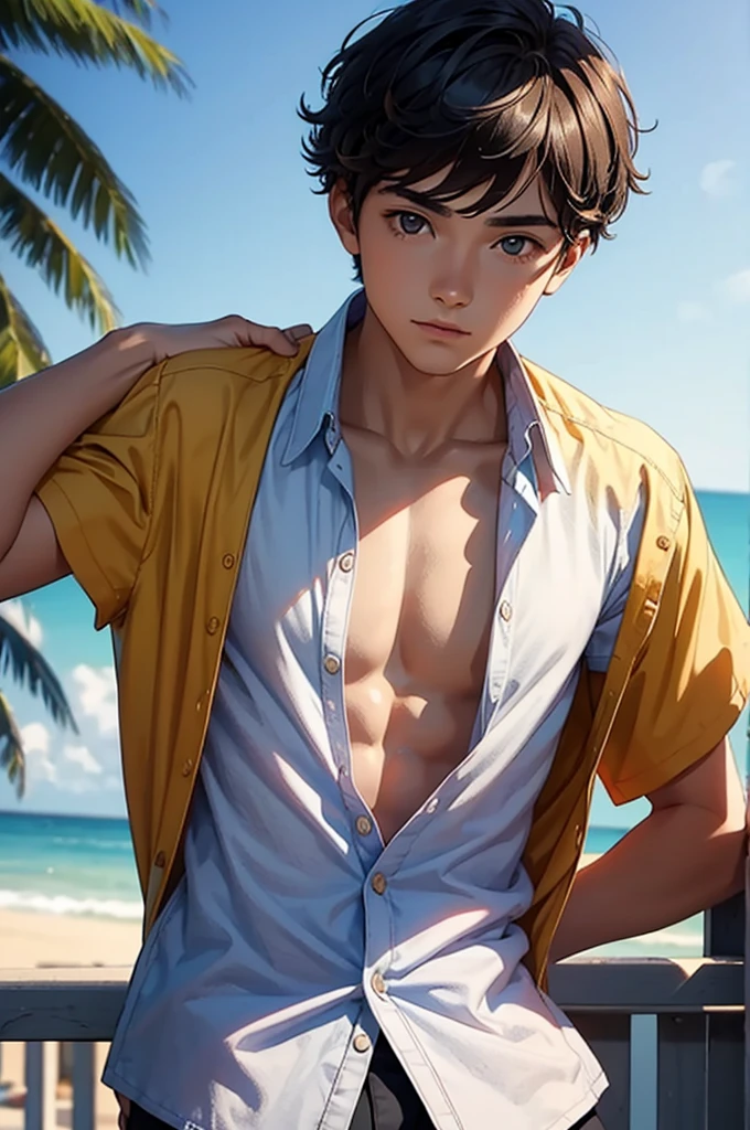 A young 18 year old man, pose simples, front-facing, wear an open shirt