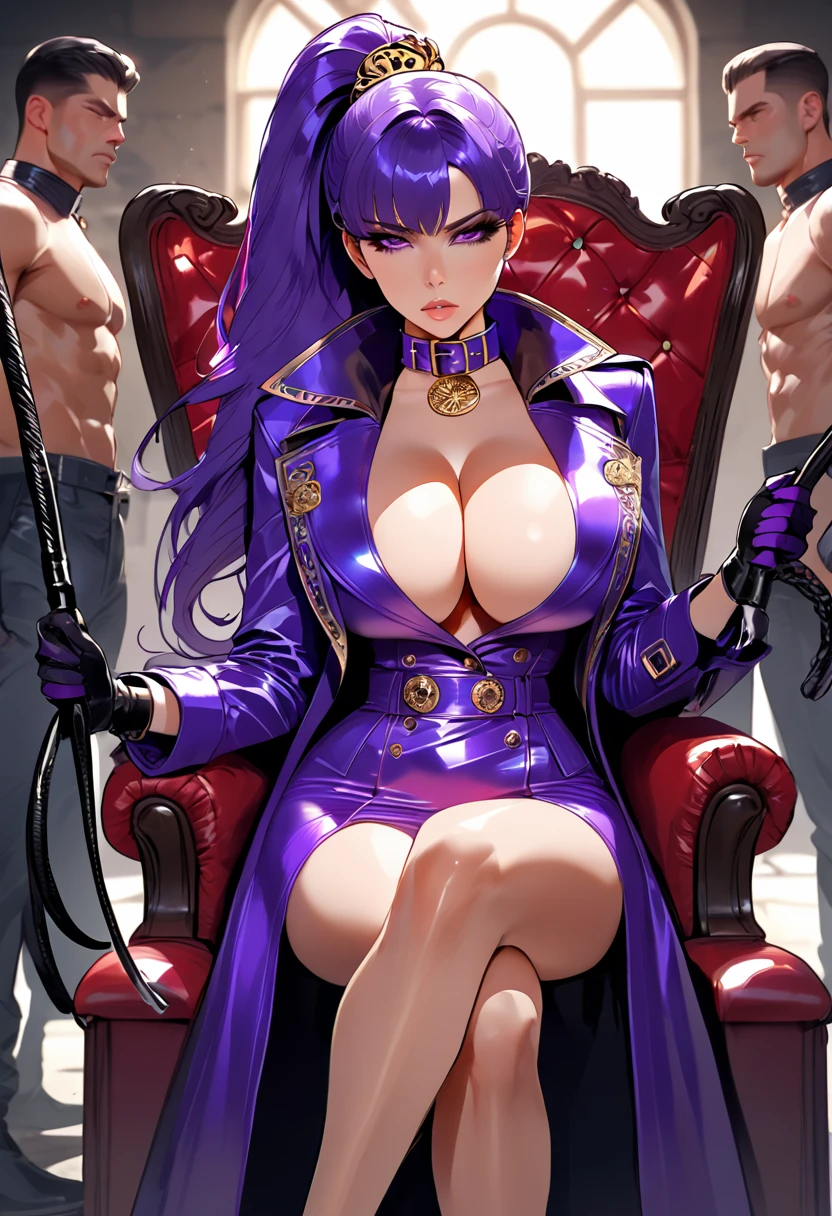 Femdom pretty ponytail girl with huge breast, upper class, luxury, triad female leader, Known for her impeccable fashion sense and elegant demeanor, she is a true embodiment of the Versace brand. Her body language is as captivating as her style dressed all purple shiny rubber trench coat with (((dramatic high coat collar))) (((high and wide popped coat collar))), showcasing a unique combination of elegance and strength. leather gloves and boots, elegant sit pose on throne, holding a whip, in torture room basement, surrounded and whorsip by naked men