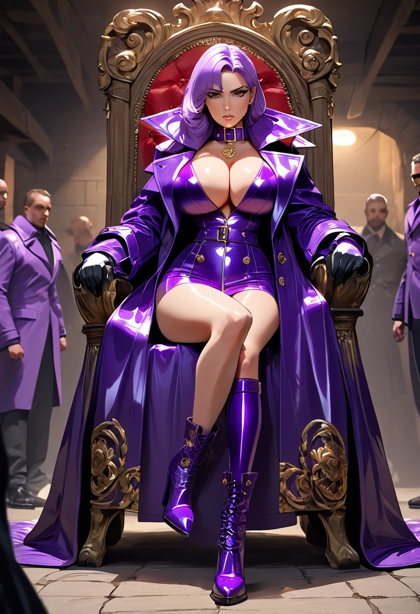 Femdom pretty ponytail girl with huge breast, upper class, luxury, triad female leader, Known for her impeccable fashion sense and elegant demeanor, she is a true embodiment of the Versace brand. Her body language is as captivating as her style dressed all purple shiny rubber trench coat with (((dramatic high coat collar))) (((high and wide popped coat collar))), showcasing a unique combination of elegance and strength.  leather gloves and boots, elegant sit pose on throne, holding a whip, in torture room basement, surrounded and whorsip by naked men