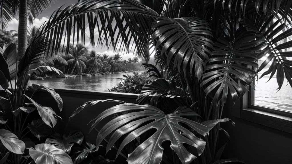 tropical nature in black and white