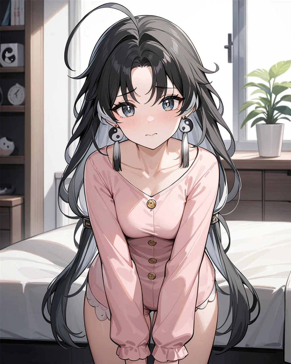 masterpiece,best quality,cute pajamas,indoors,looking at viewer,shy, jianxin,1girl,solo,jewelry,earrings,black hair,multicolored hair,long hair,ahoge,yin yang