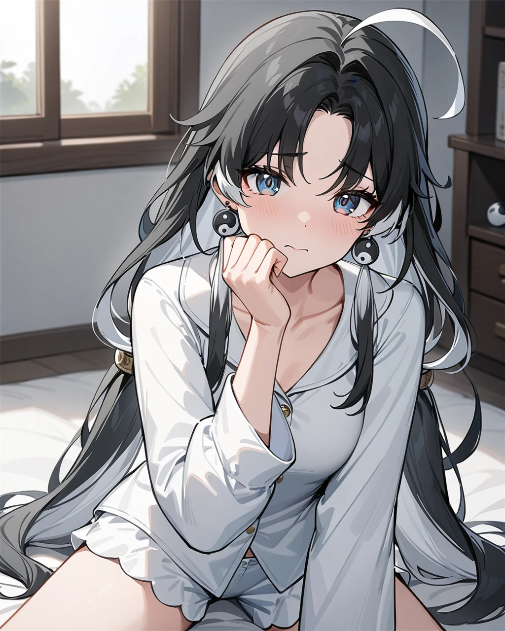 masterpiece,best quality,cute pajamas,indoors,looking at viewer,shy, jianxin,1girl,solo,jewelry,earrings,black hair,multicolored hair,long hair,ahoge,yin yang