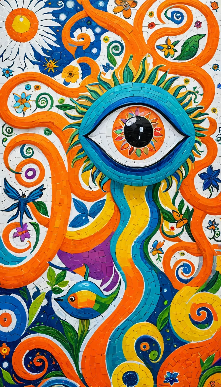 Children's graffiti,Thick coating,Concave and convex texture,Oil pastel strokes:Long Tongue Monster、house、flowesh、Tentacles、bird、Eye、diatom,Abstract mosaic painting,Describing the inner world of autistic people,Sense of space,White Space,interesting,Innocence,Psychedelic Art,Orange overall,Incorporating Picasso's artistic style,Geometric frame