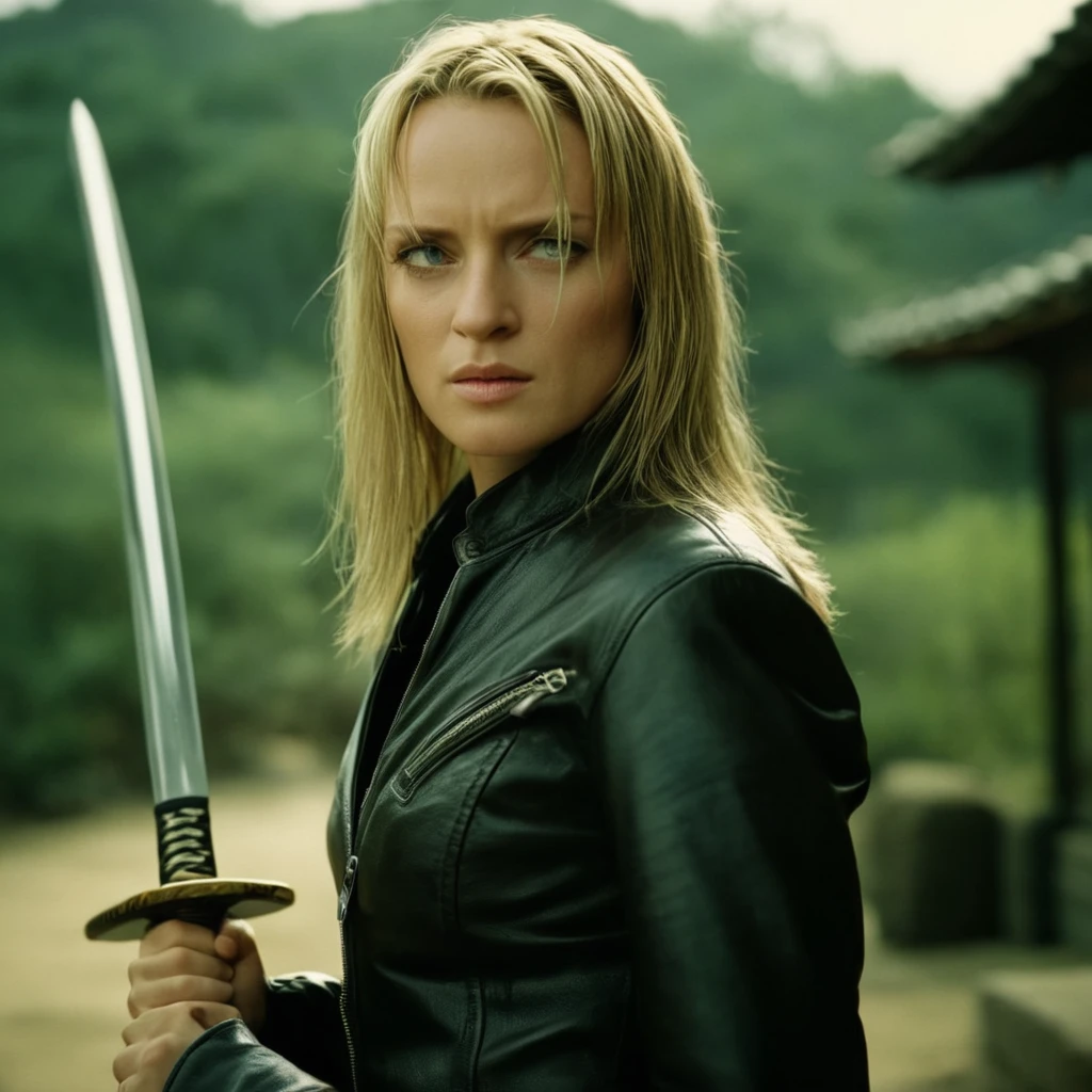 cinematic film still of  Cinematic film image of The Blonde a woman in a leather jacket holding a sword,1girl,solo,blonde hair,jacket,weapon,belt,pants,sword,katana,denim,jeans,realistic,leather , Kodak film grain, dramatic light, dramatic shadow light, contrast, saturated color, cinematic, filmic, motion picture, realistic, realism, perfection, perfect, deep focus, clean image, Kill Bill style, Kill Bill Film Style, shallow depth of field, vignette, highly detailed, high budget, bokeh, cinemascope, moody, epic, gorgeous, film grain, grainy