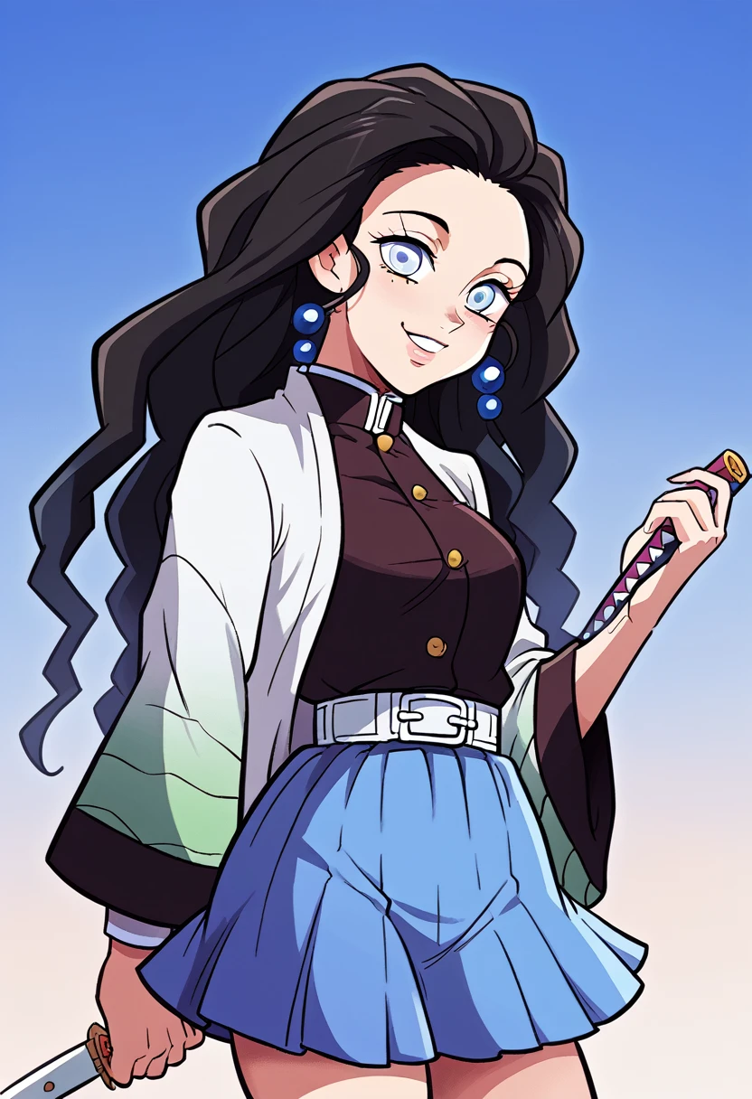 Draw a character in animated art style, with a vibrant and expressive appearance. The character must have exaggerated characteristics, like big, expressive eyes, a subtle and fun smile, and a straight posture. The background should be simple and not distract from the main figure. The character must be from the Kimetsu no Yaiba universe/Demon Slayer, frontal angle, animated cartoon, beautiful drawing. A female character, light blue gradient black hair, blue colored eyes, wearing a pretty dark colored skirt, haori azul, pose more at the waist, blue katana.