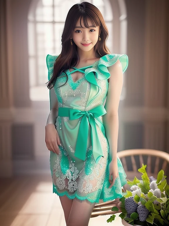 Photo-realistic quality、A woman wearing a dress with ribbons is standing, light Green Dress, Rococo frill dress, Pastel Green, Translucent dress, Grape dress, tattered Green Dress, Elegant Dresses, Fantasy Dress, glamorous ruffled dresses, intricate Fantasy Dress, Green Dress, Stylish dresses, Lace dress, romantic dress, transparent gray dress, Lace dress、Detailed and beautiful eyes、Cute smile、A soft and gentle look、looking at the camera