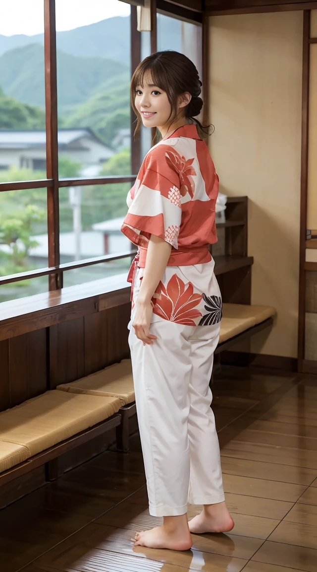 Japanese Beauty　Yukata for hot springs　Brown Hair　hostel　Yukata comes off　Thighs　barefoot　I see white pants　Ass