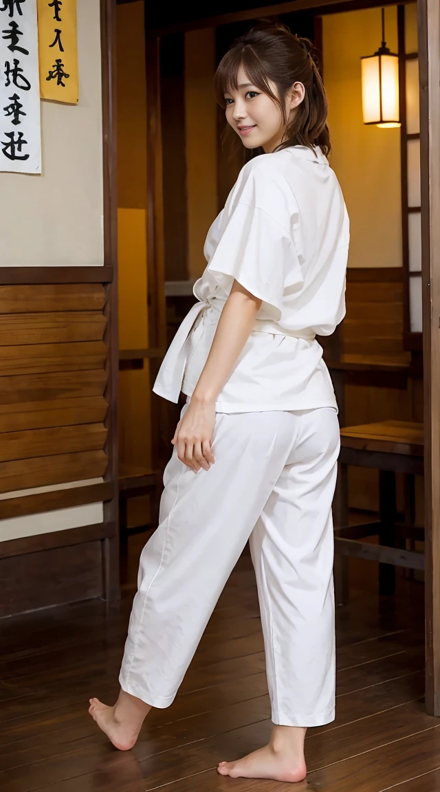 Japanese Beauty Yukata for hot springs Brown Hair hostel Yukata comes off Thighs barefoot I see white pants Ass