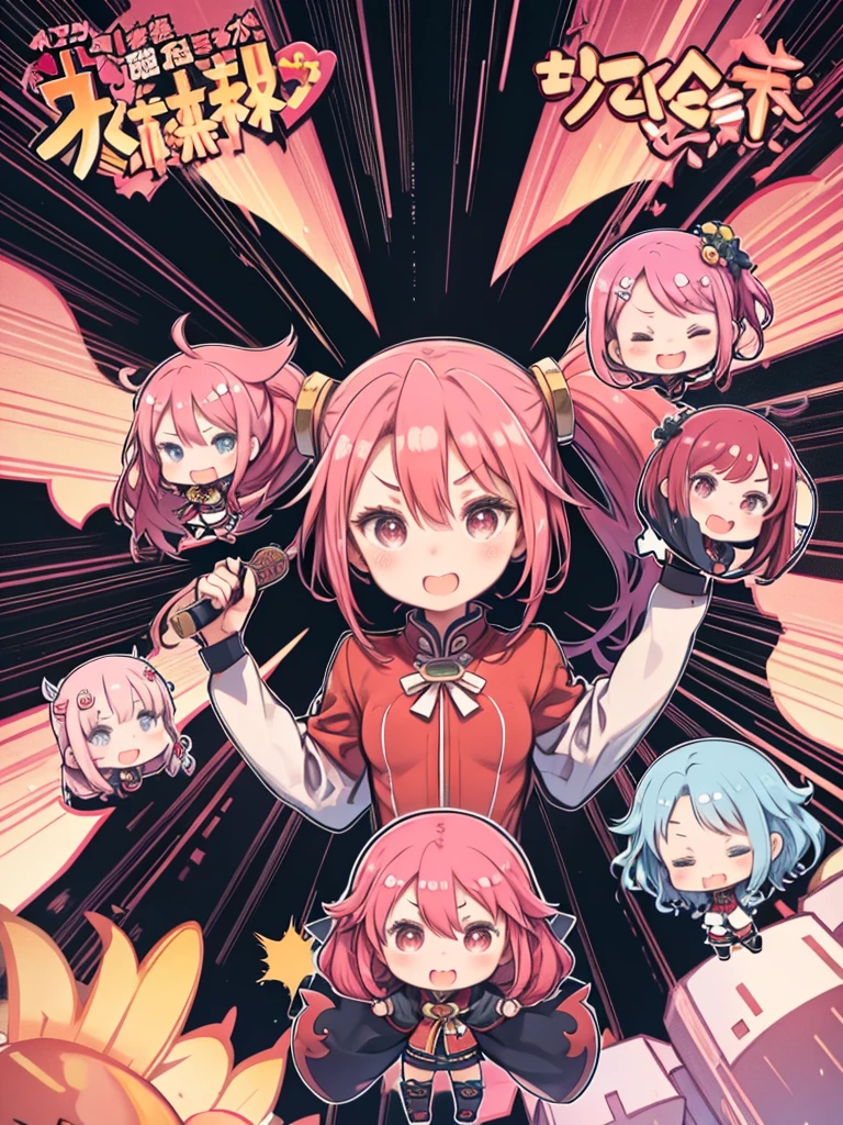 One Girl、Chibi Character、four-headed body、Pink Hair、bulging twin tails、Fluffy hair、Voluminous Hair、Cherry hair clip、Kung Fu Costumes、Fisting、Bruce Lee Costume、Hold the nunchuk、Uplifting、Red jacket、Black trousers、V-shaped eyebrows、laughing、Big eyes、cute、Small breasts、