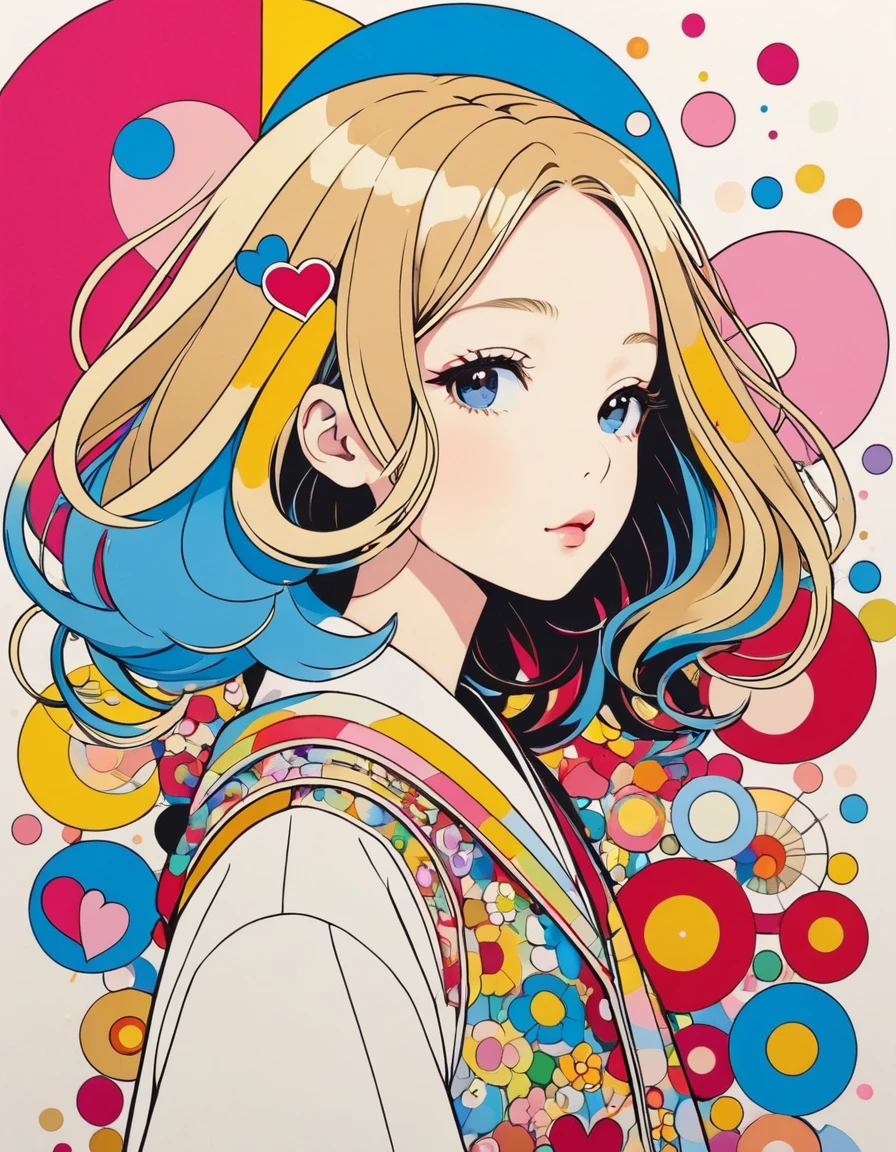 Masterpiece Golden Ratio Takashi Murakami style, Simple line initials,Abstract art,Kawaii Design, The most beautiful girl of all time,Bob hair background is stardust, Colorful Hearts logo
