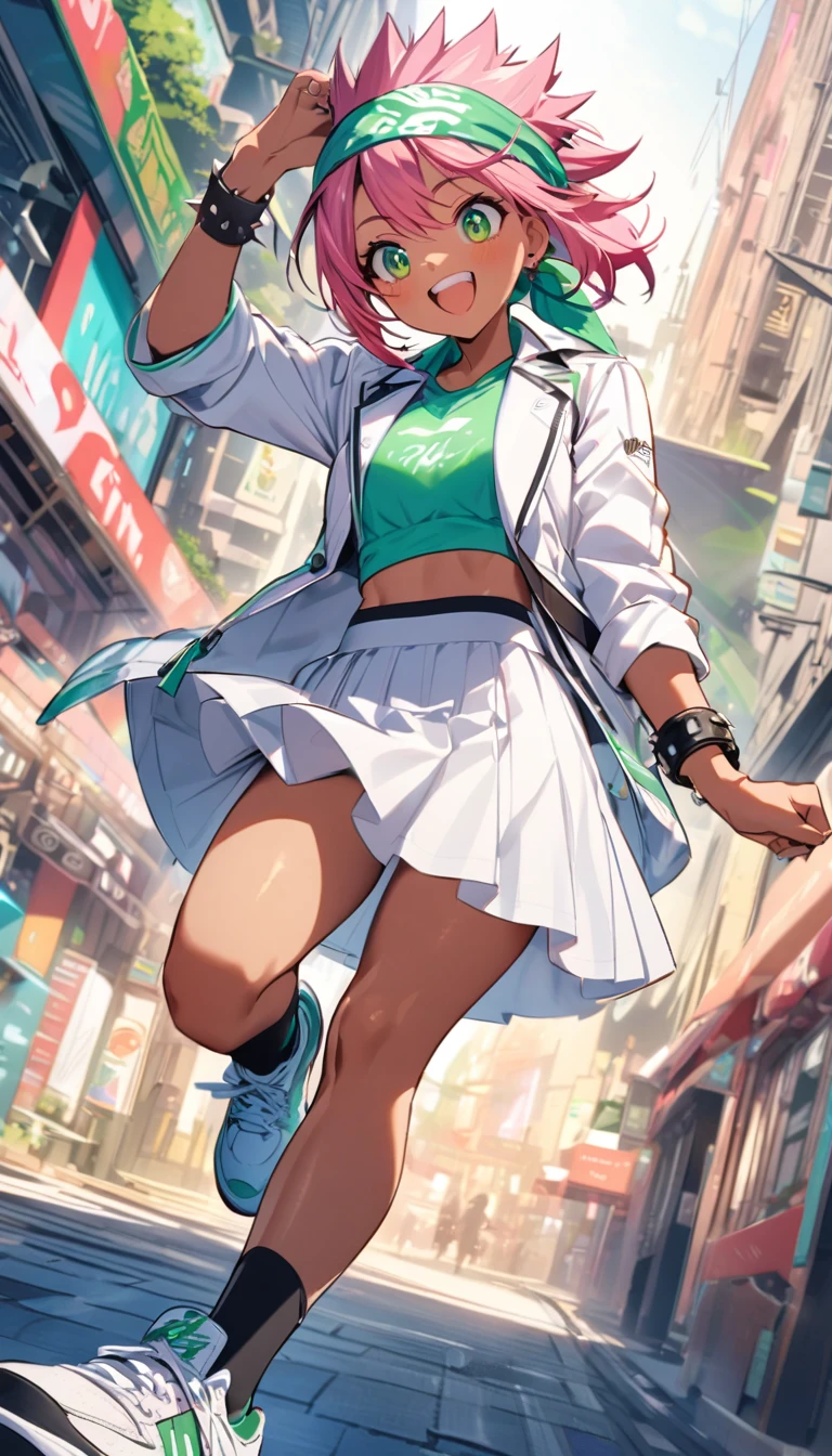 " girl with short spiky pink hair and vibrant green eyes,Sun-kissed skin, athletic build. Wearing a white skirt, white blazer, ,and sneakers,leather bracelet, a bandana on her head,Lively and adventurous expression,