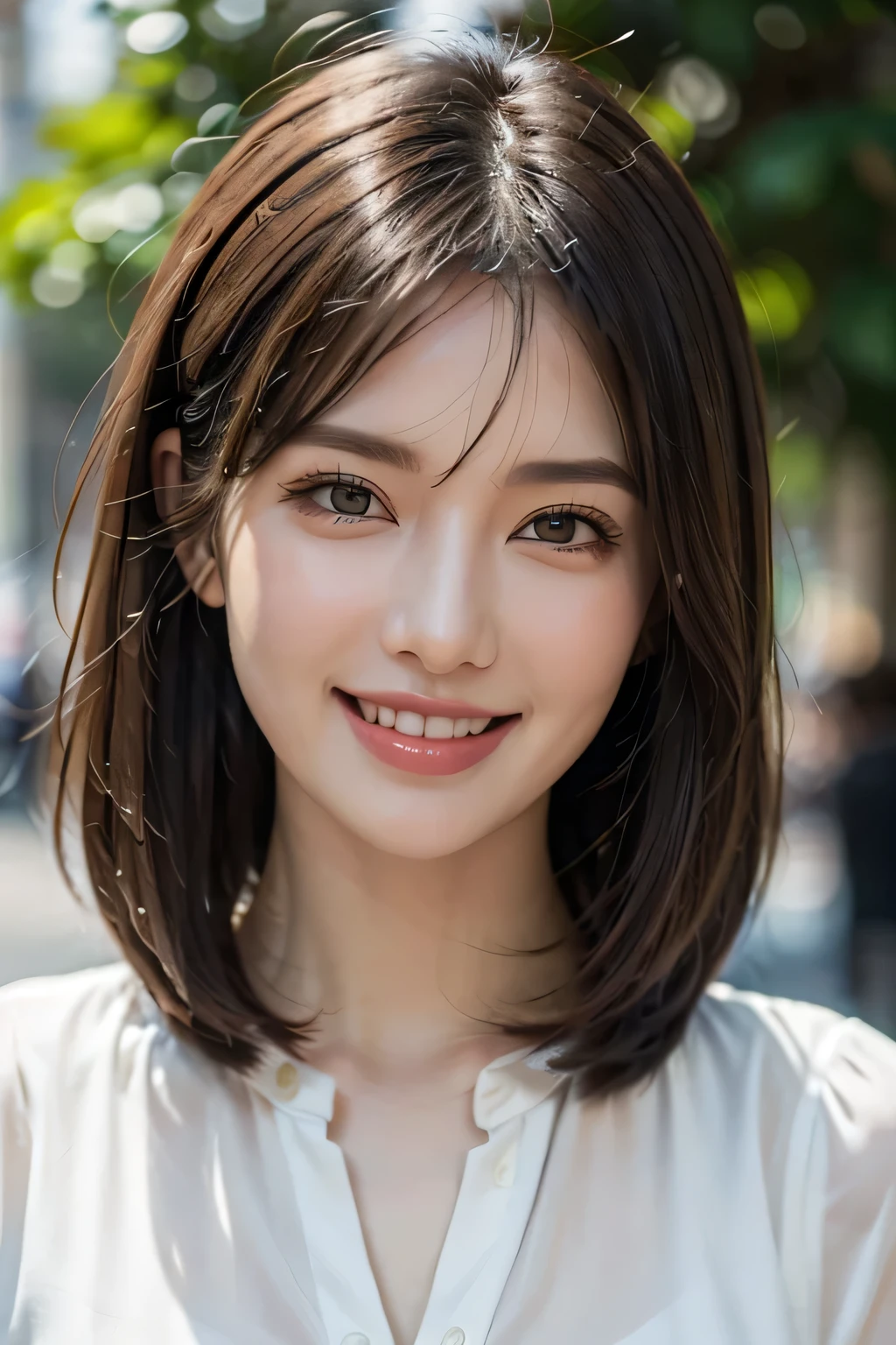((masterpiece)), ((Highest quality)), ((Complex)), ((Surreal)), (Realistic), (Mature Woman), ((There are no classes)), Very detailed, (1 female), Beautiful and exquisite, (Beautiful Teeth), Grin, Brunette Bob Hair, Brown eyes, ((blouse)), (Upper Body), (background:none), Perfect Eyes, Captivating eyes, Looking at the audience
